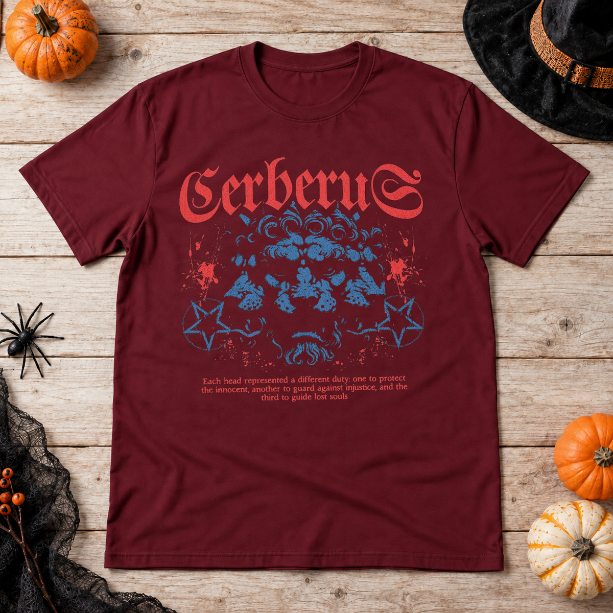 Cerberus T-Shirt – Skull & Reaper Gothic Graphic Graphic Tee - Color: maroon
