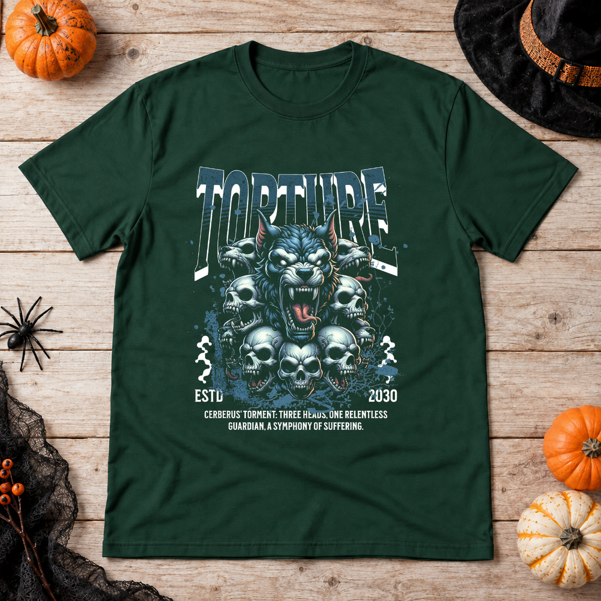 Cerberus Torture T-Shirt – Skull & Reaper Gothic Graphic Graphic Tee - Color: forest green