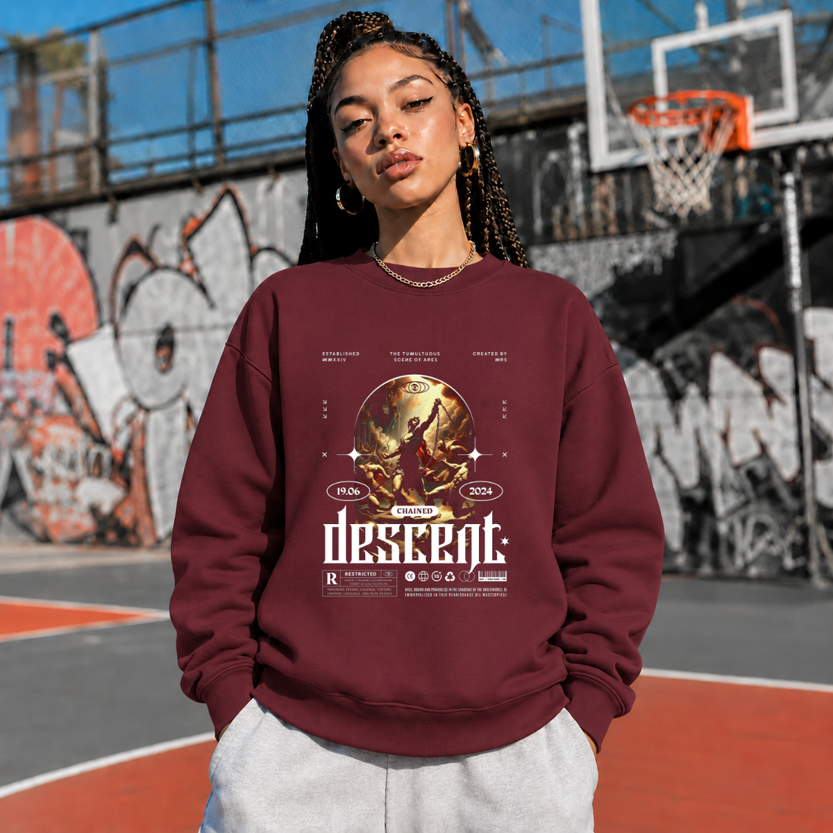 Chained Descent Warrior Sweatshirt – Dark Art / Renaissance Aesthetic Graphic Sweatshirt - Color: maroon