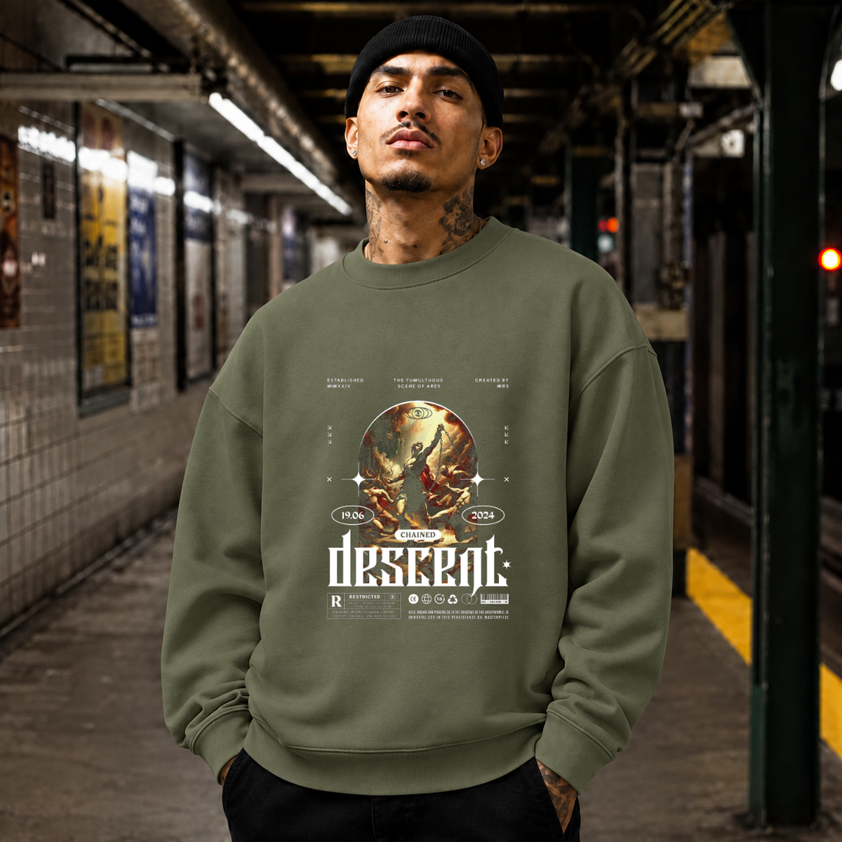 Chained Descent Warrior Sweatshirt – Dark Art / Renaissance Aesthetic Graphic Sweatshirt - Color: military green