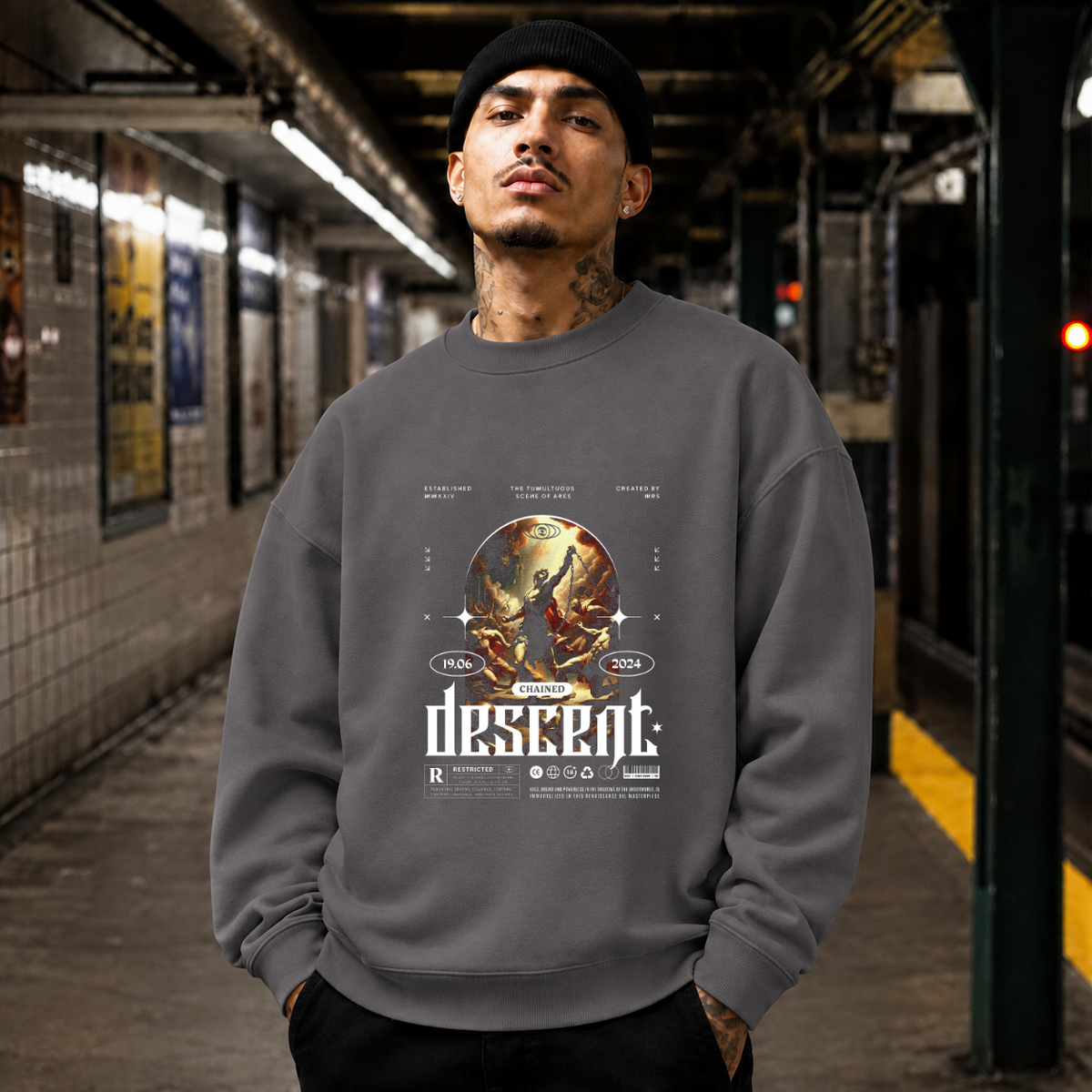 Chained Descent Warrior T-Shirt – Dark Art / Renaissance Aesthetic Graphic Tee - Color: charcoal