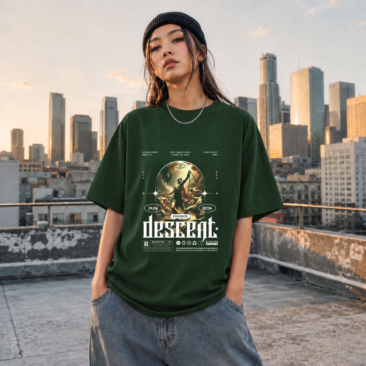 Chained Descent Warrior T-Shirt – Dark Art / Renaissance Aesthetic Graphic Tee - Color: Forest Green