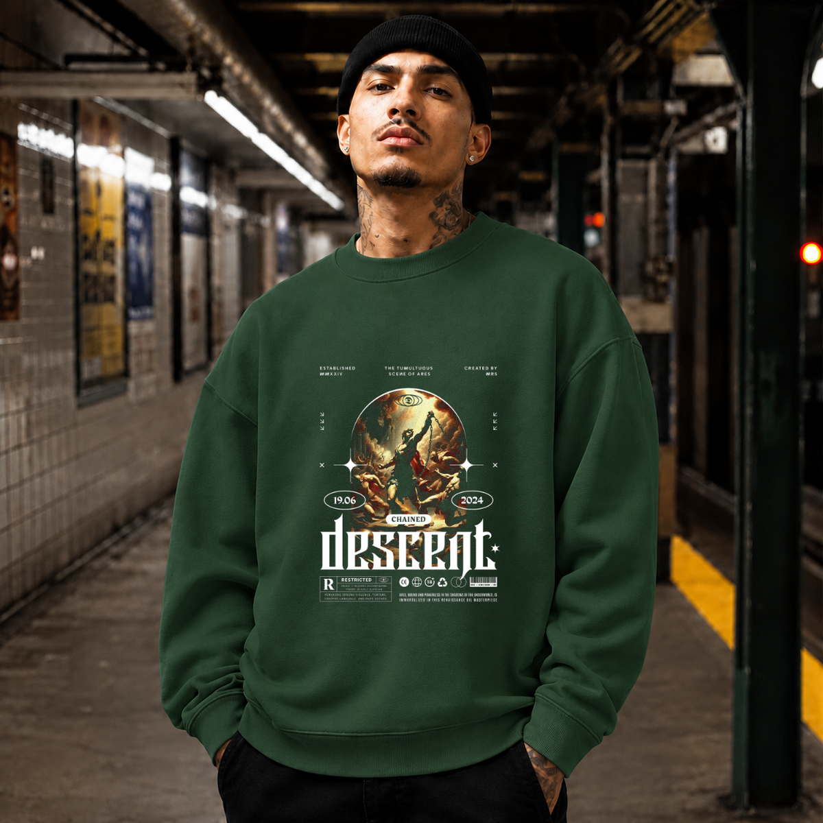 Chained Descent Warrior T-Shirt – Dark Art / Renaissance Aesthetic Graphic Tee - Color: forest green