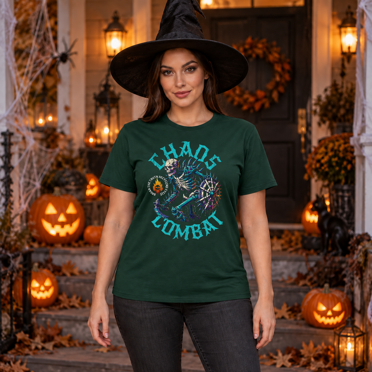 Chaos Combat T-Shirt – Dark Editorial Graphic Design Graphic Tee - Color: forest green