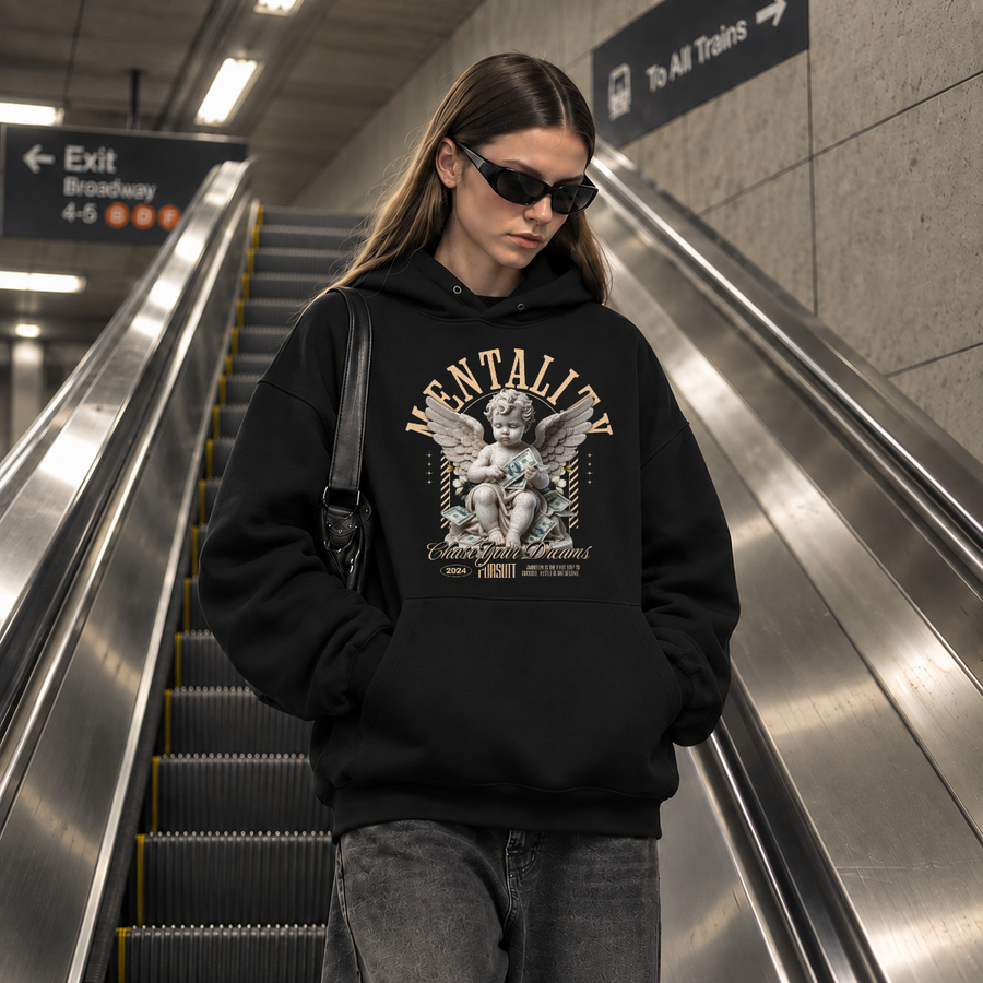 Chase Your Dreams Cherub Hoodie – Religious Imagery Collage Graphic Hoodie - Color: black