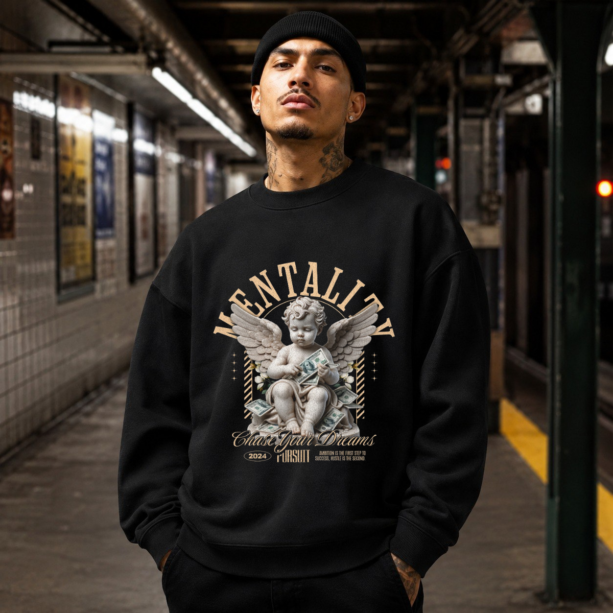 Chase Your Dreams Cherub Sweatshirt – Religious Imagery Collage Graphic Sweatshirt - Color: black