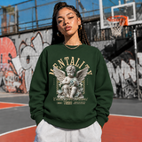 Chase Your Dreams Cherub Sweatshirt – Religious Imagery Collage Graphic Sweatshirt - Color: forest green