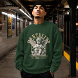 Chase Your Dreams Cherub Sweatshirt – Religious Imagery Collage Graphic Sweatshirt - Color: forest green