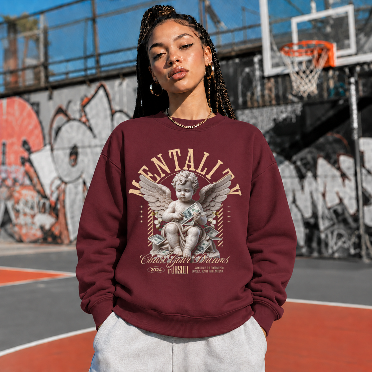 Chase Your Dreams Cherub Sweatshirt – Religious Imagery Collage Graphic Sweatshirt - Color: maroon