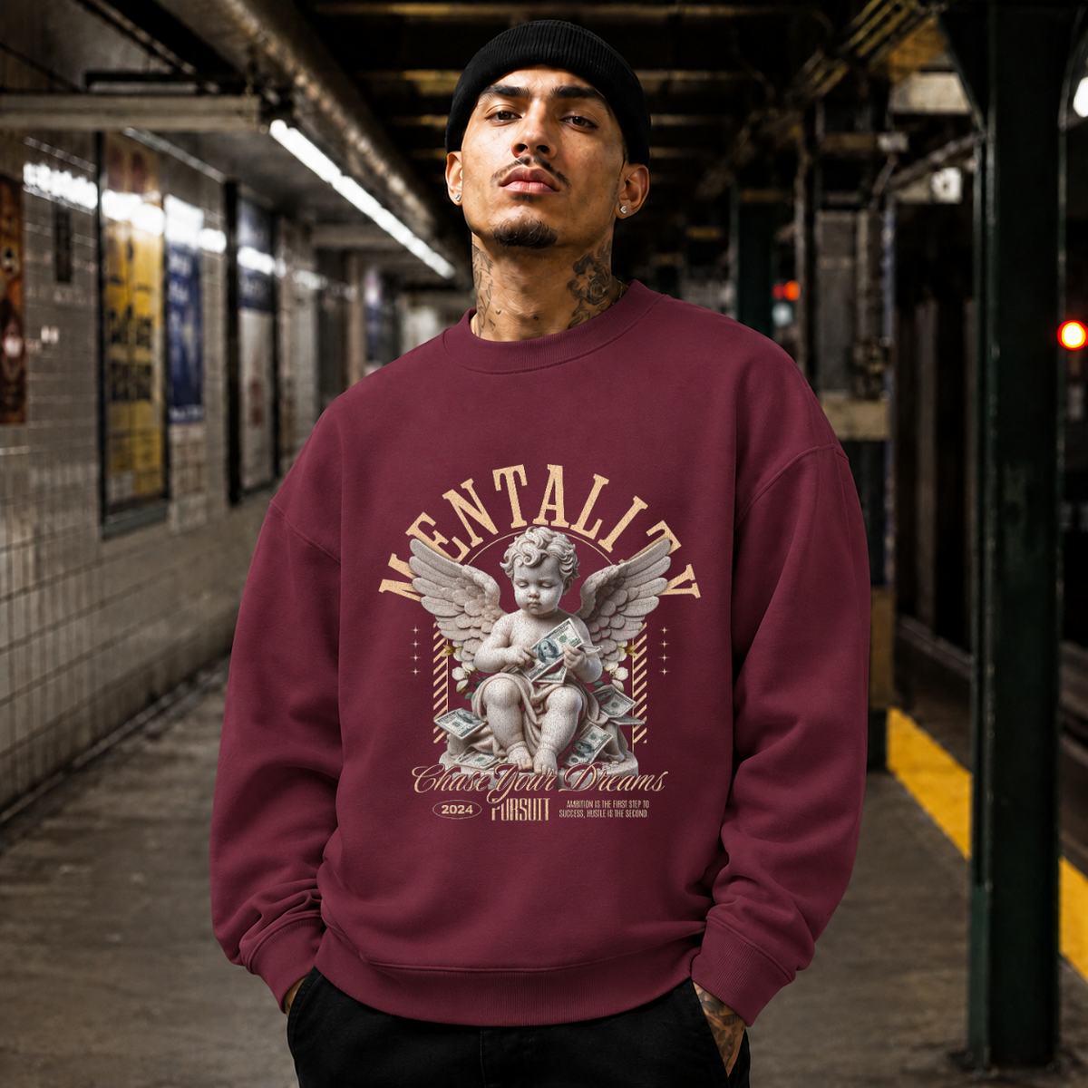 Chase Your Dreams Cherub Sweatshirt – Religious Imagery Collage Graphic Sweatshirt - Color: maroon