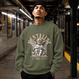 Chase Your Dreams Cherub Sweatshirt – Religious Imagery Collage Graphic Sweatshirt - Color: military green