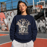 Chase Your Dreams Cherub Sweatshirt – Religious Imagery Collage Graphic Sweatshirt - Color: navy