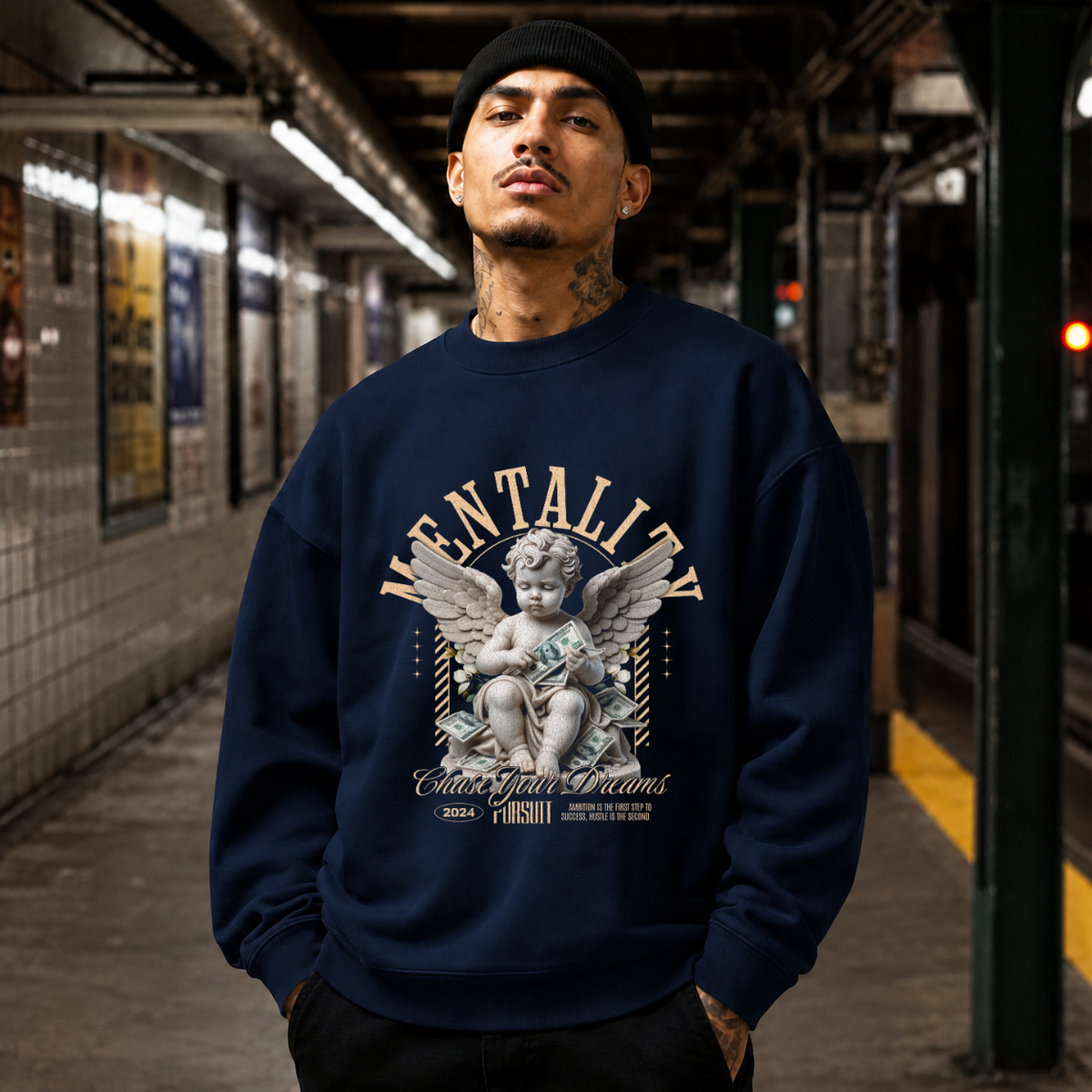 Chase Your Dreams Cherub Sweatshirt – Religious Imagery Collage Graphic Sweatshirt - Color: navy