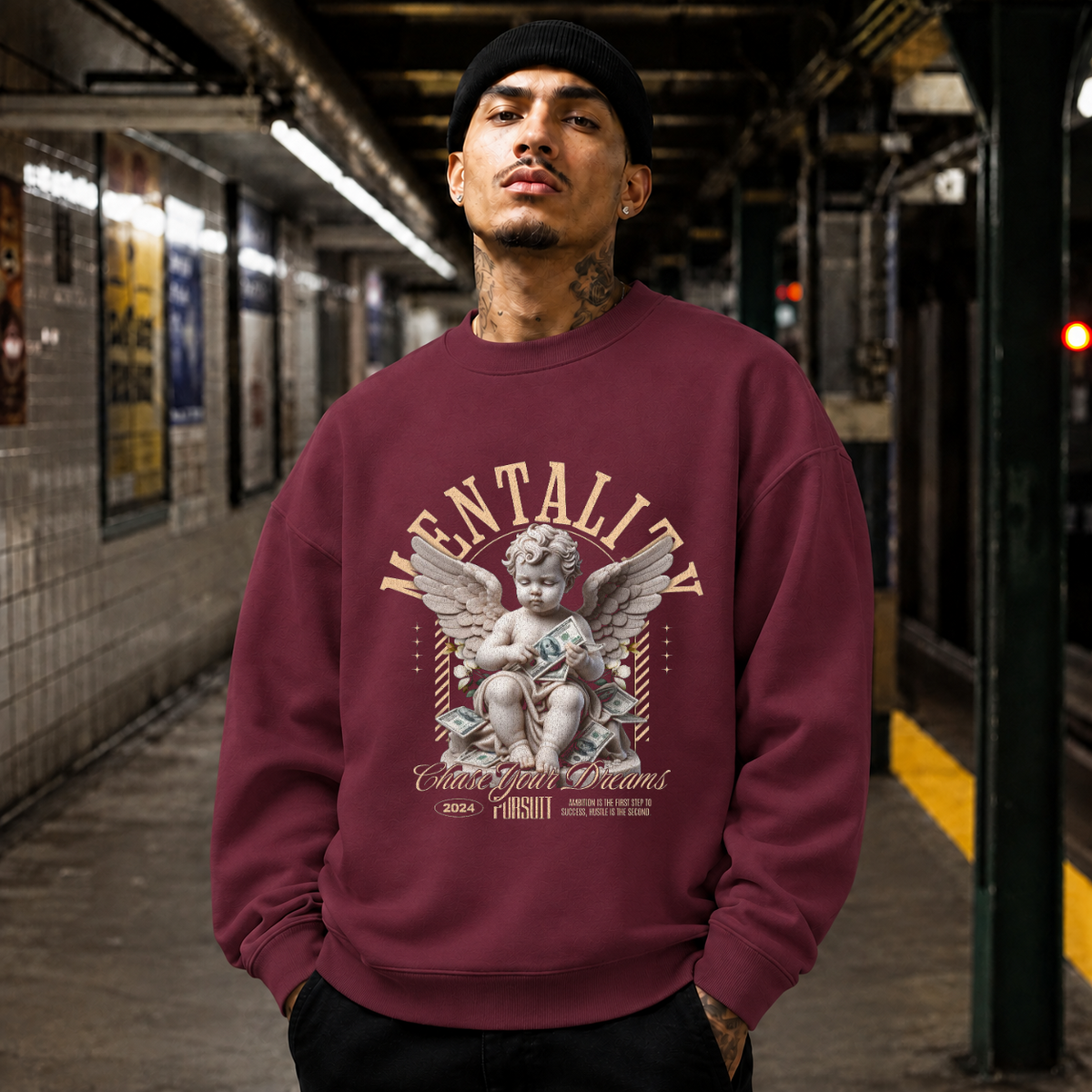 Chase Your Dreams Cherub T-Shirt – Religious Imagery Collage Graphic Tee - Color: maroon