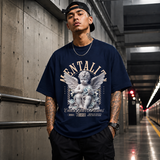 Chase Your Dreams Cherub T-Shirt – Religious Imagery Collage Graphic Tee - Color: Navy