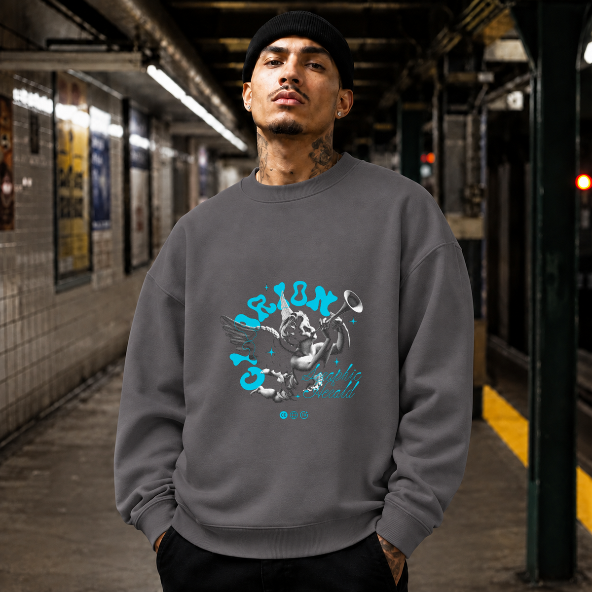 Cherubic Clarion Sweatshirt – Vintage Y2K / Acid Graphic Streetwear Sweatshirt - Color: charcoal