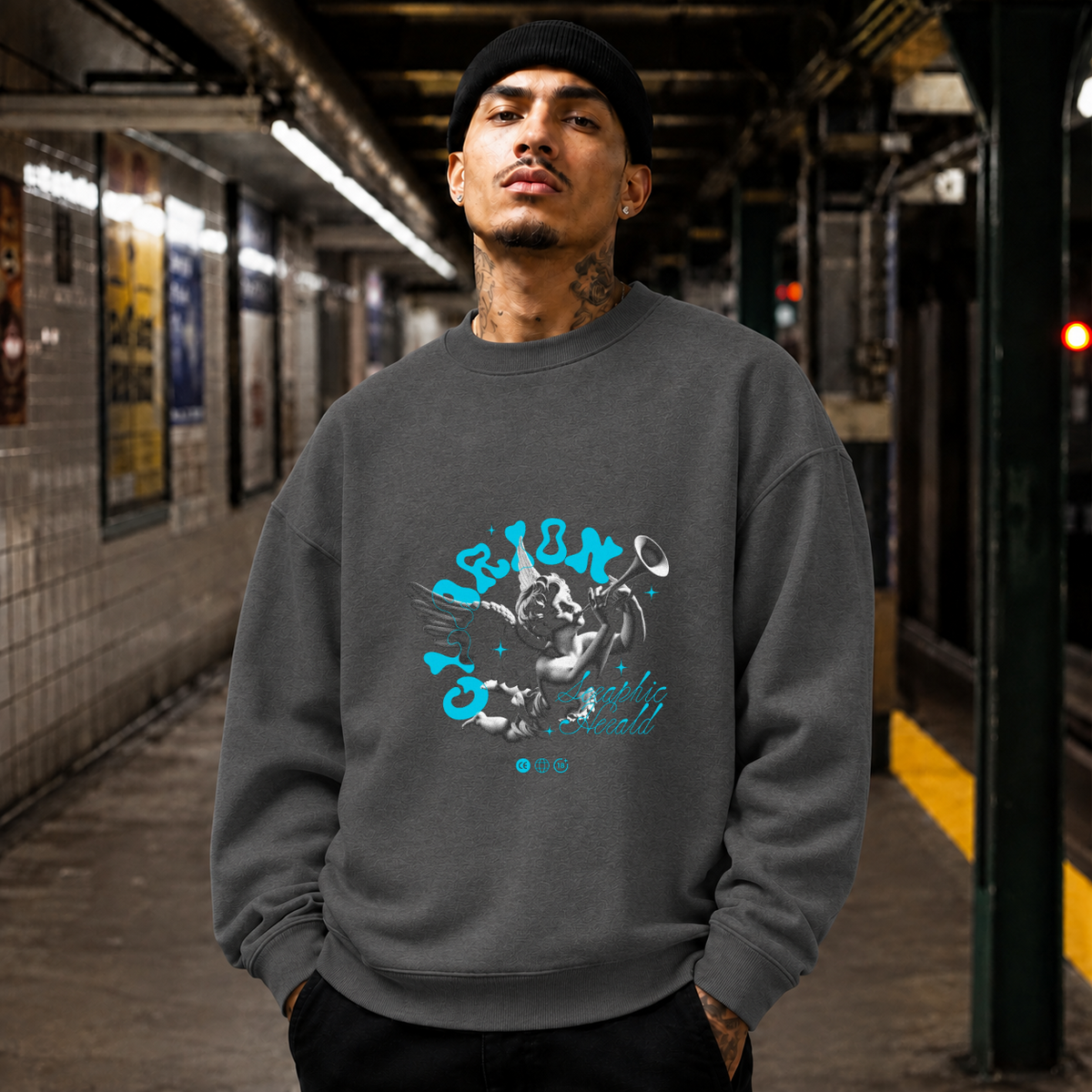 Cherubic Clarion Sweatshirt – Vintage Y2K / Acid Graphic Streetwear Sweatshirt - Color: dark heather