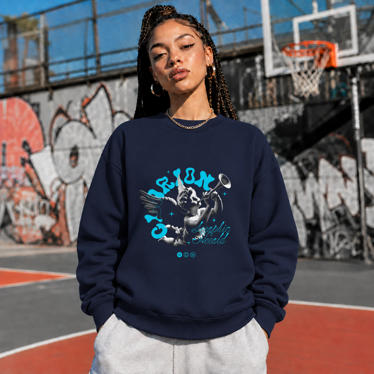 Cherubic Clarion Sweatshirt – Vintage Y2K / Acid Graphic Streetwear Sweatshirt - Color: navy