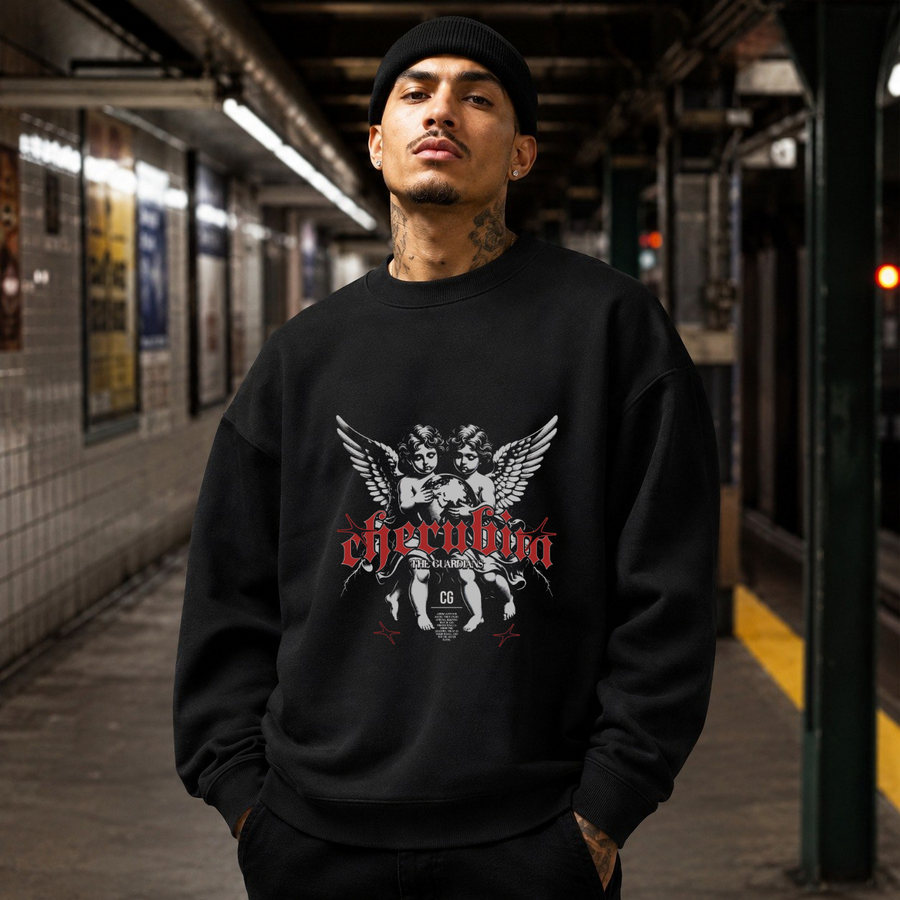 Cherubim the Guardian Twin Angels T-Shirt – Religious Imagery Collage Graphic Tee - Color: black