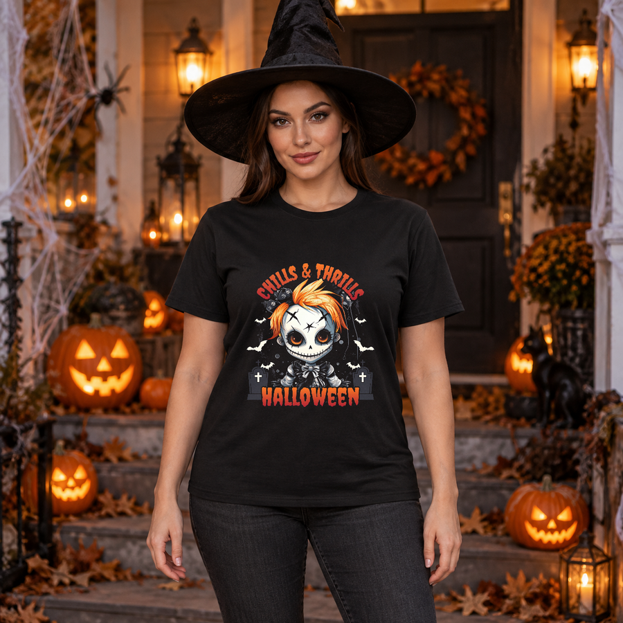 Chills - Thrills Halloween T-Shirt – Halloween Streetwear Graphic Graphic Tee - Color: black