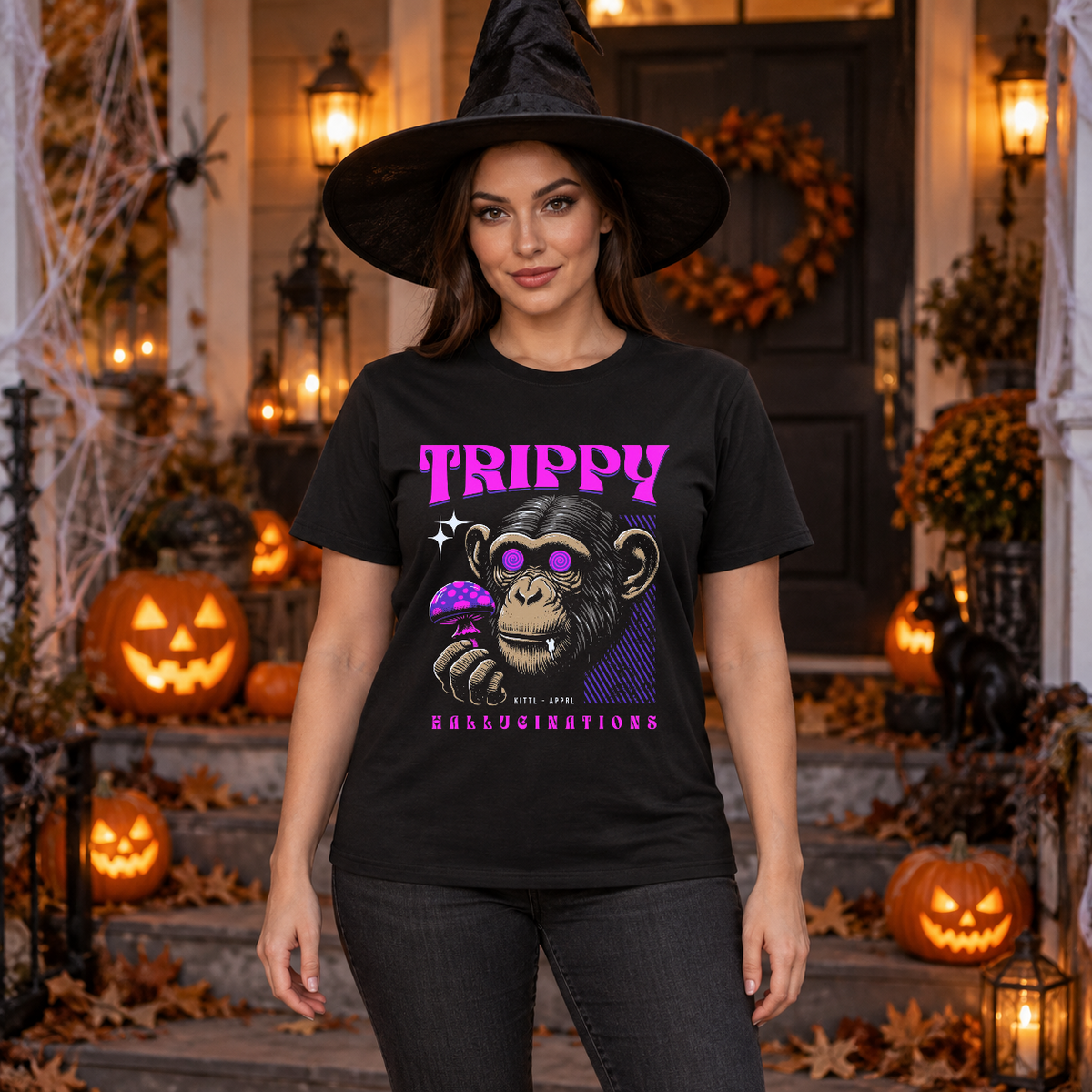 Chimpanzee Trippy T-Shirt – Dark Editorial Graphic Design Graphic Tee - Color: black