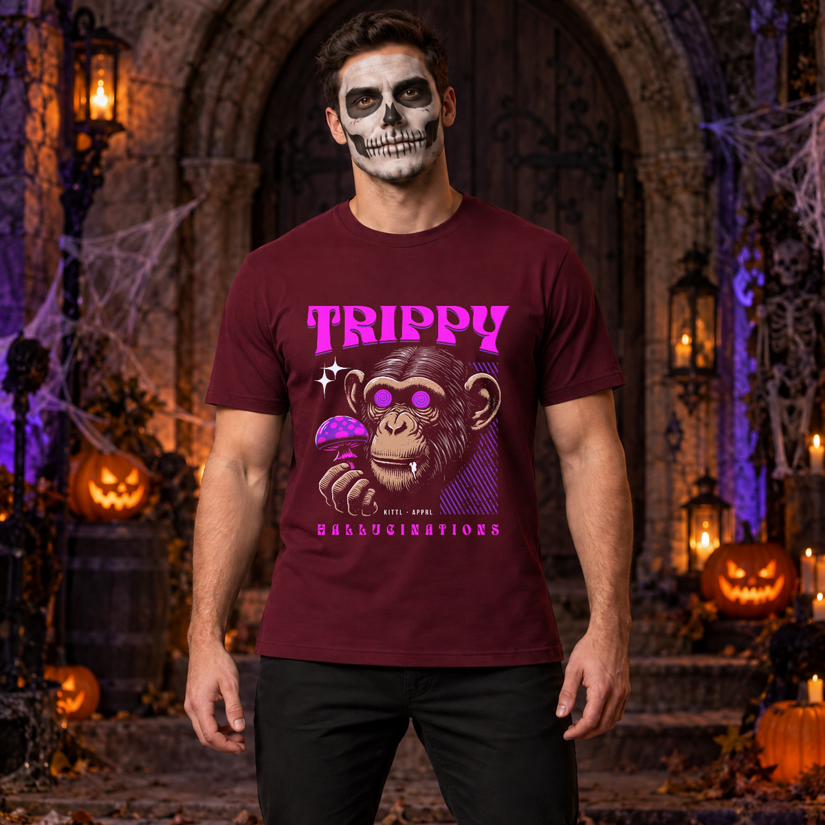 Chimpanzee Trippy T-Shirt – Dark Editorial Graphic Design Graphic Tee - Color: maroon