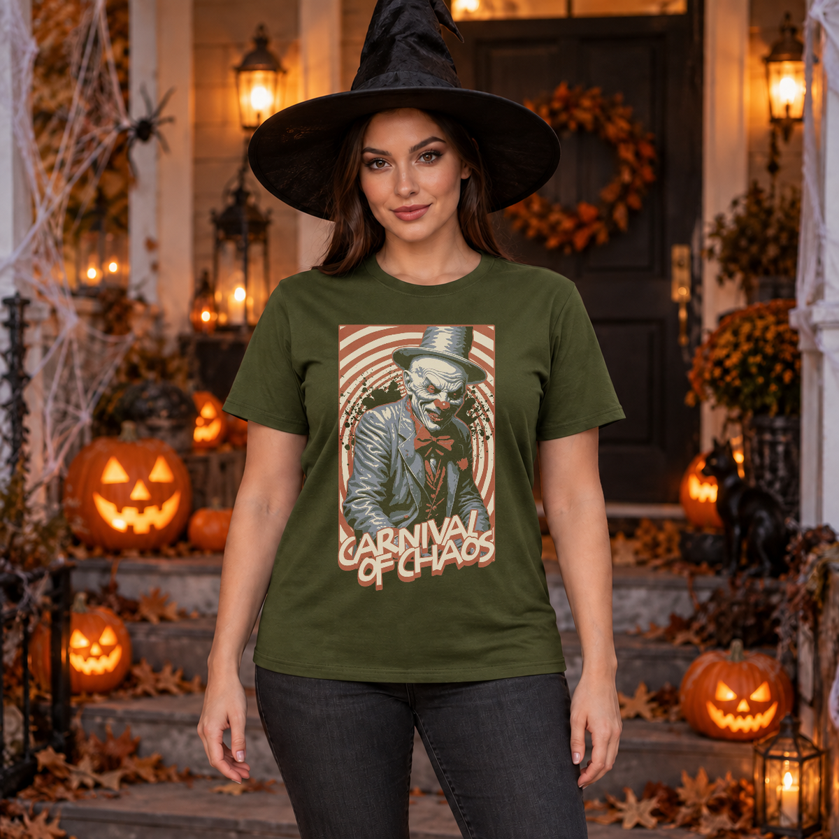 Clown Graphic T-Shirt – Dark Editorial Graphic Design Graphic Tee - Color: military green