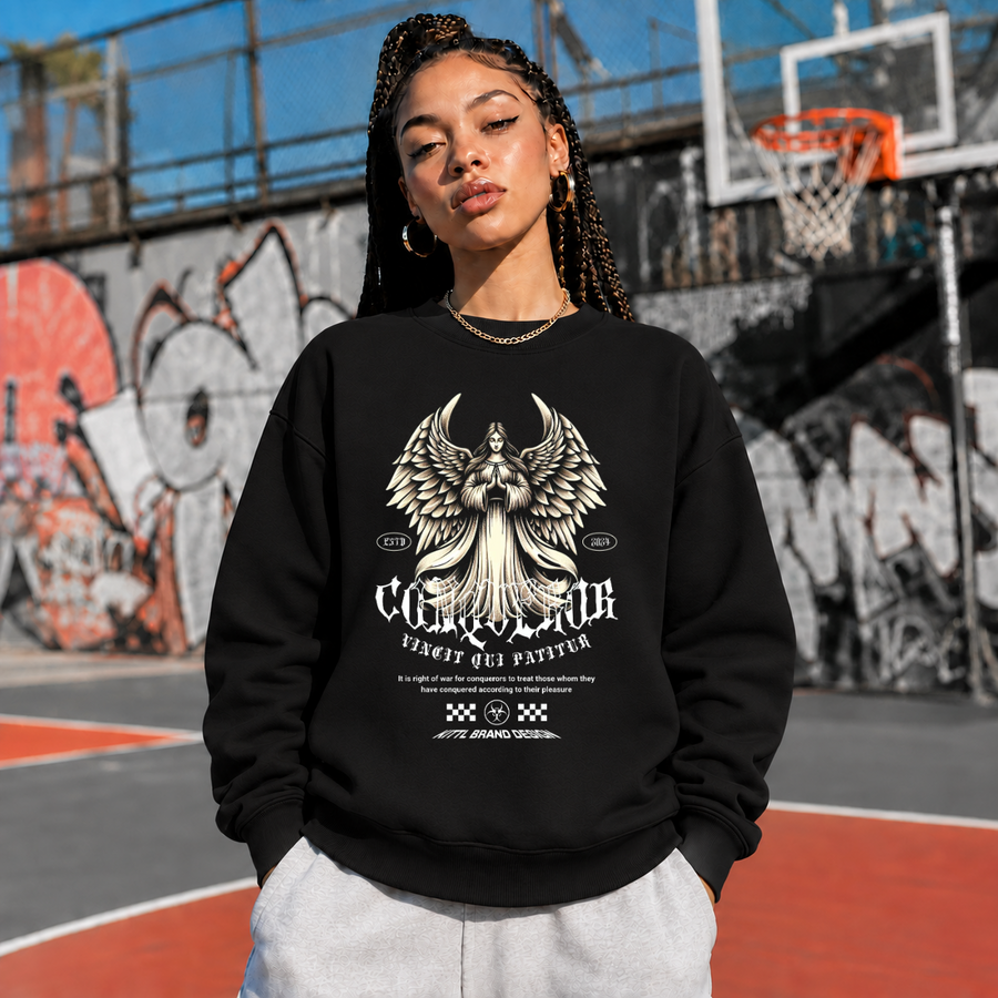Conqueror Compassion Angel Sweatshirt – Dark Art / Renaissance Aesthetic Graphic Sweatshirt - Color: black
