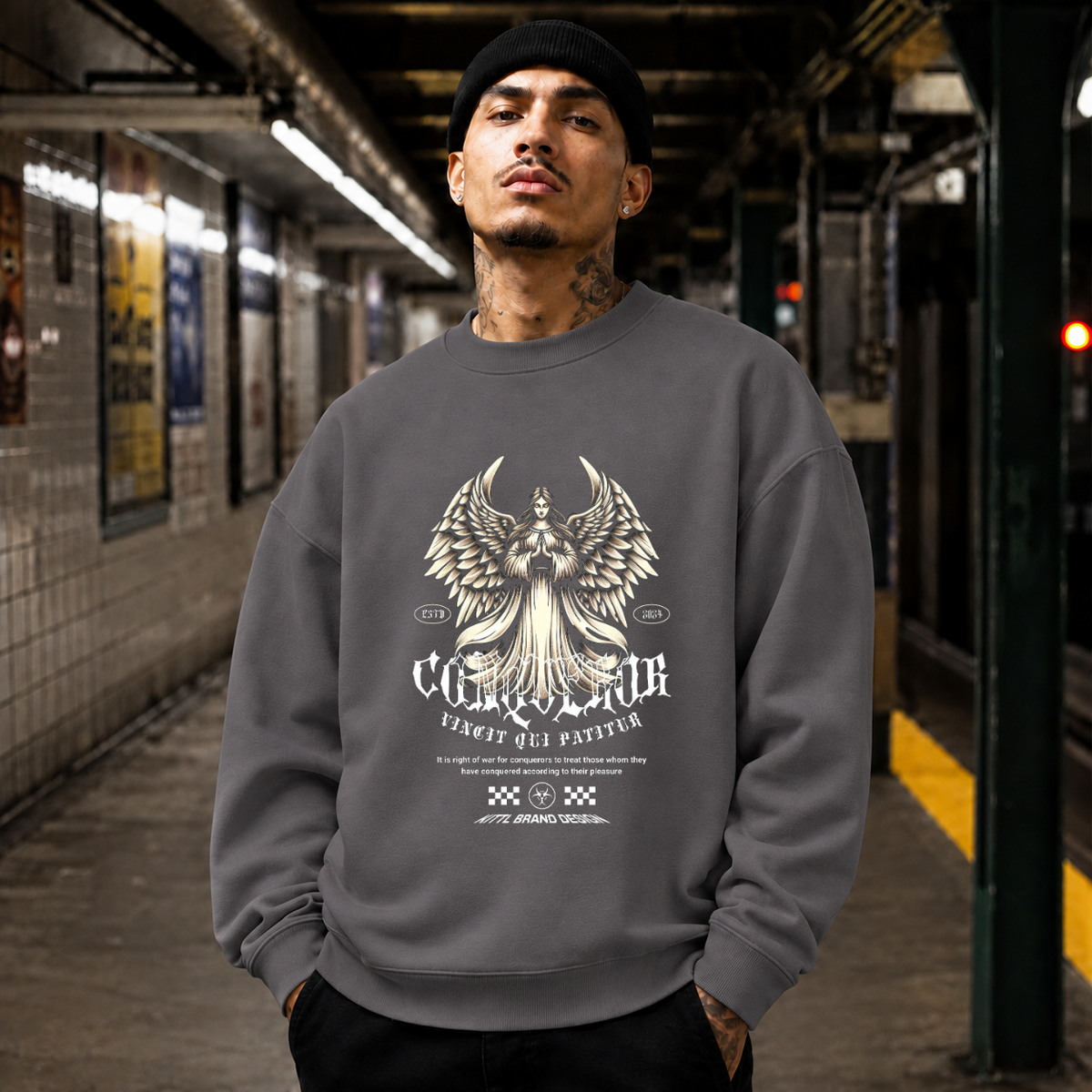 Conqueror Compassion Angel T-Shirt – Dark Art / Renaissance Aesthetic Graphic Tee - Color: charcoal