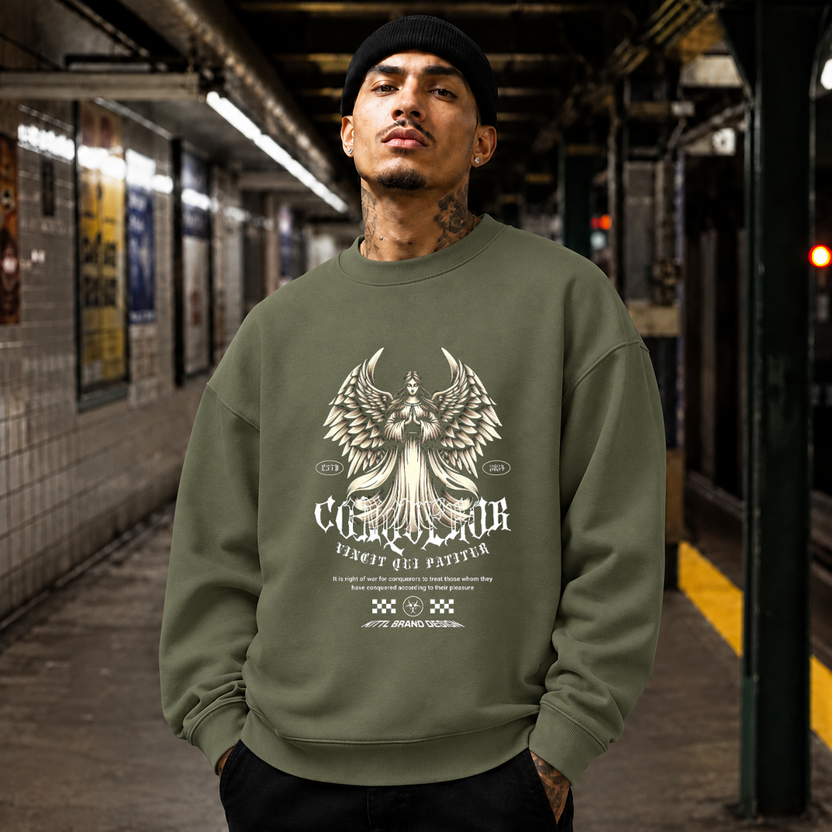 Conqueror Compassion Angel T-Shirt – Dark Art / Renaissance Aesthetic Graphic Tee - Color: military green