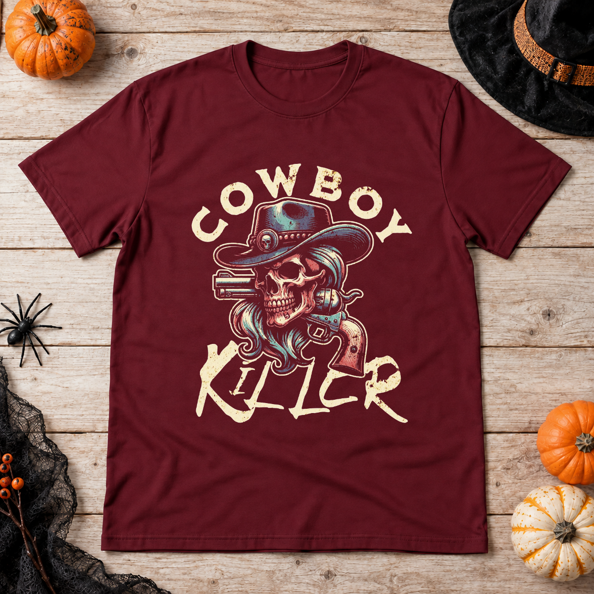 Cowboy Killer T-Shirt – Dark Editorial Graphic Design Graphic Tee - Color: maroon