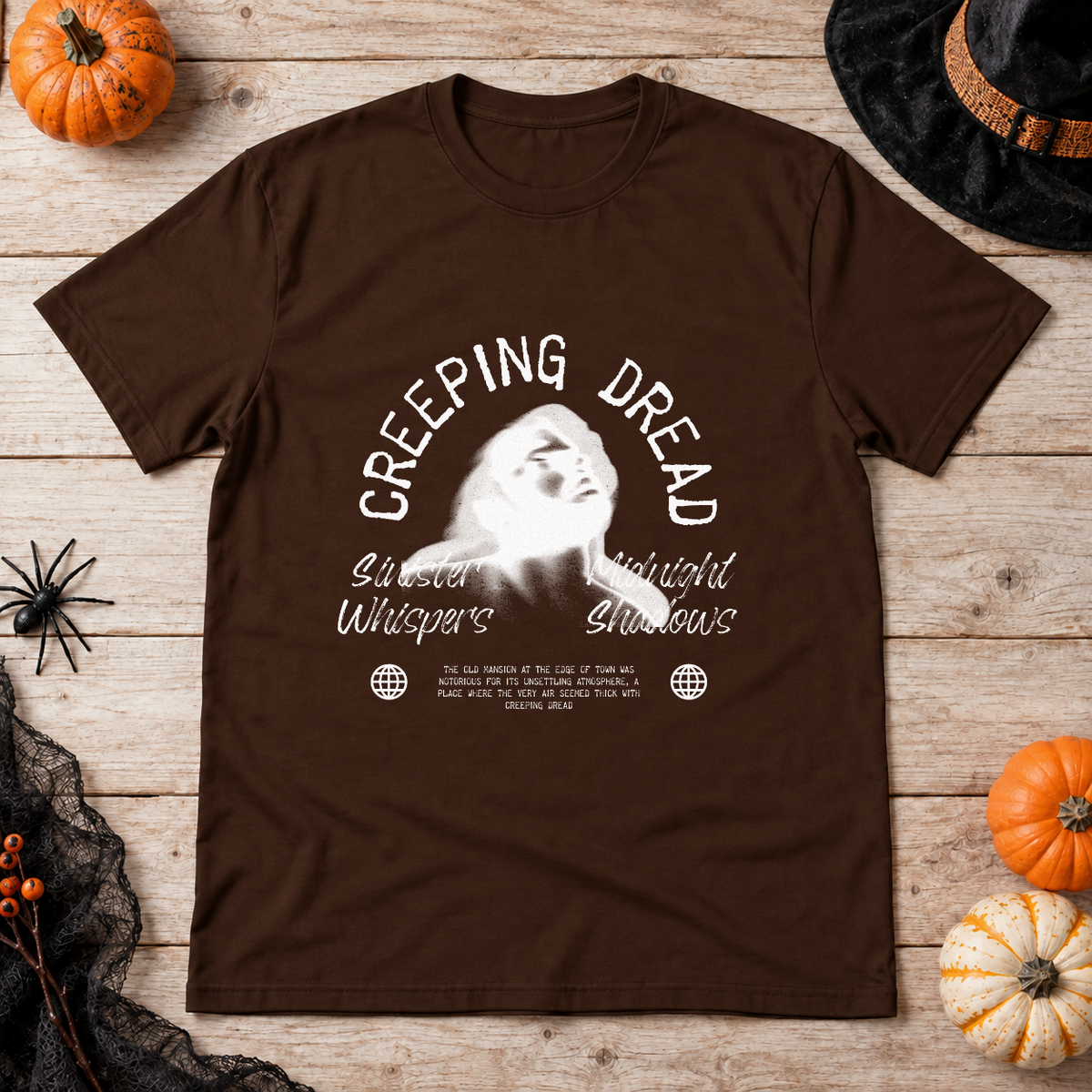 Creeping Dread T-Shirt – Classic Halloween Graphic Design Graphic Tee - Color: chocolate