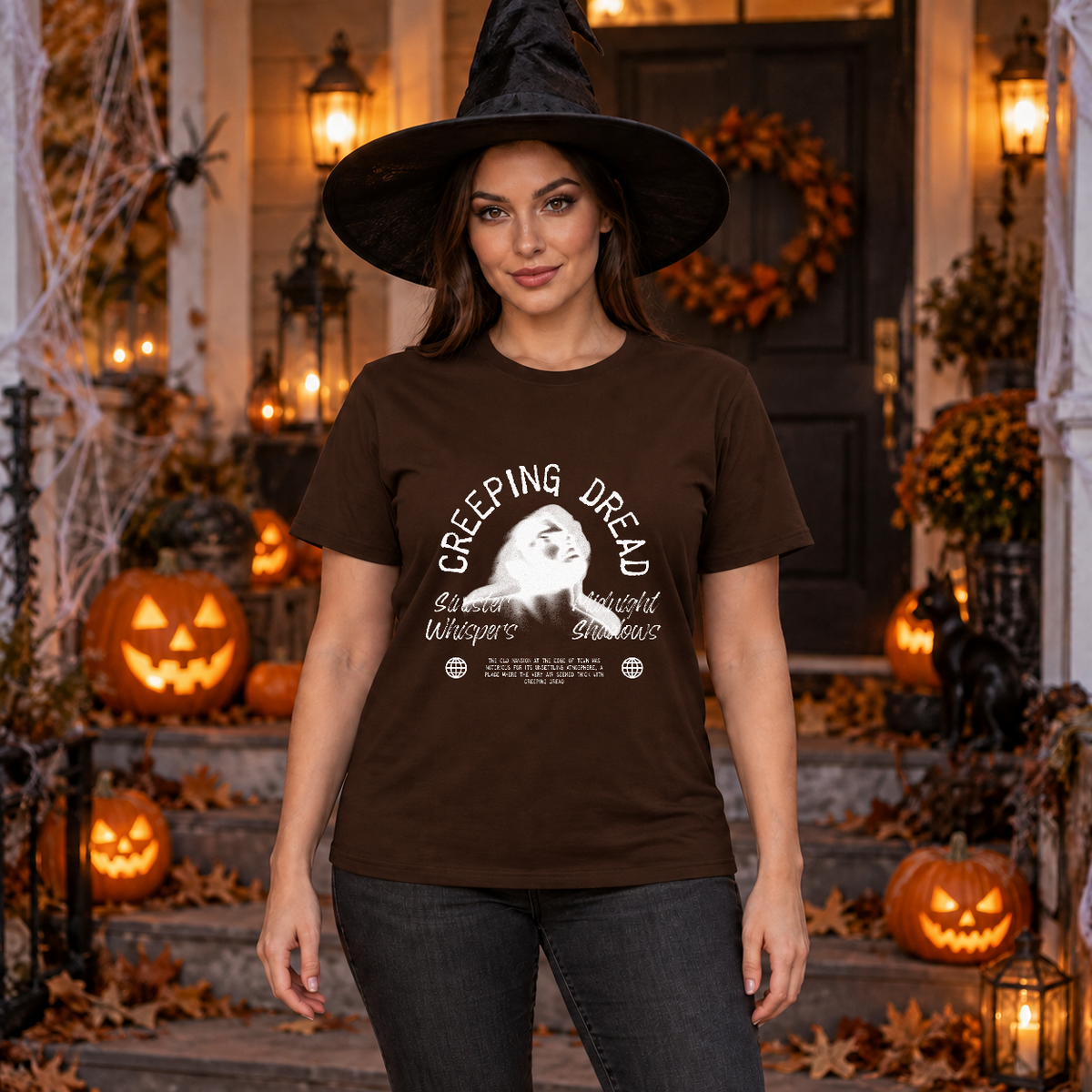 Creeping Dread T-Shirt – Classic Halloween Graphic Design Graphic Tee - Color: chocolate