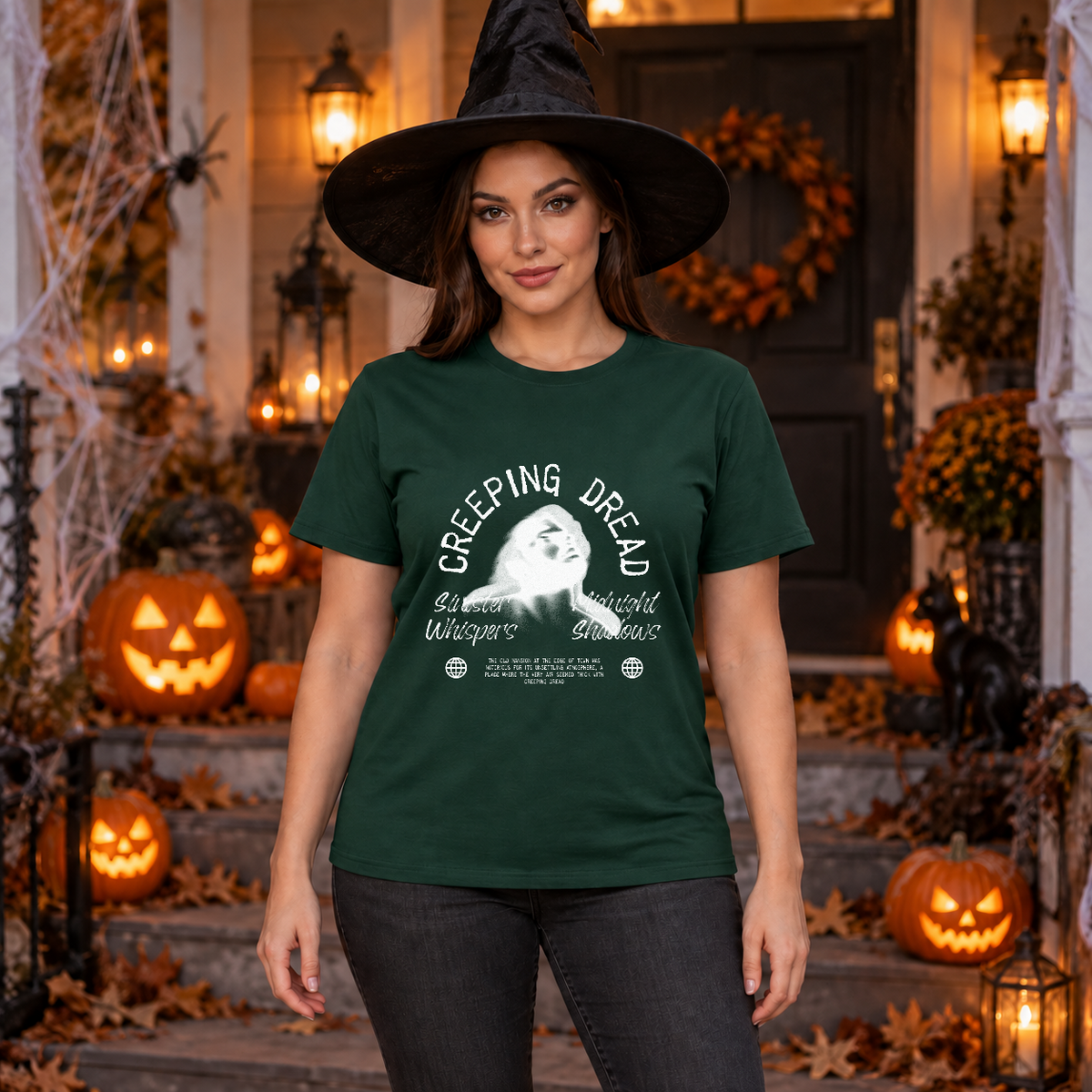 Creeping Dread T-Shirt – Classic Halloween Graphic Design Graphic Tee - Color: forest green