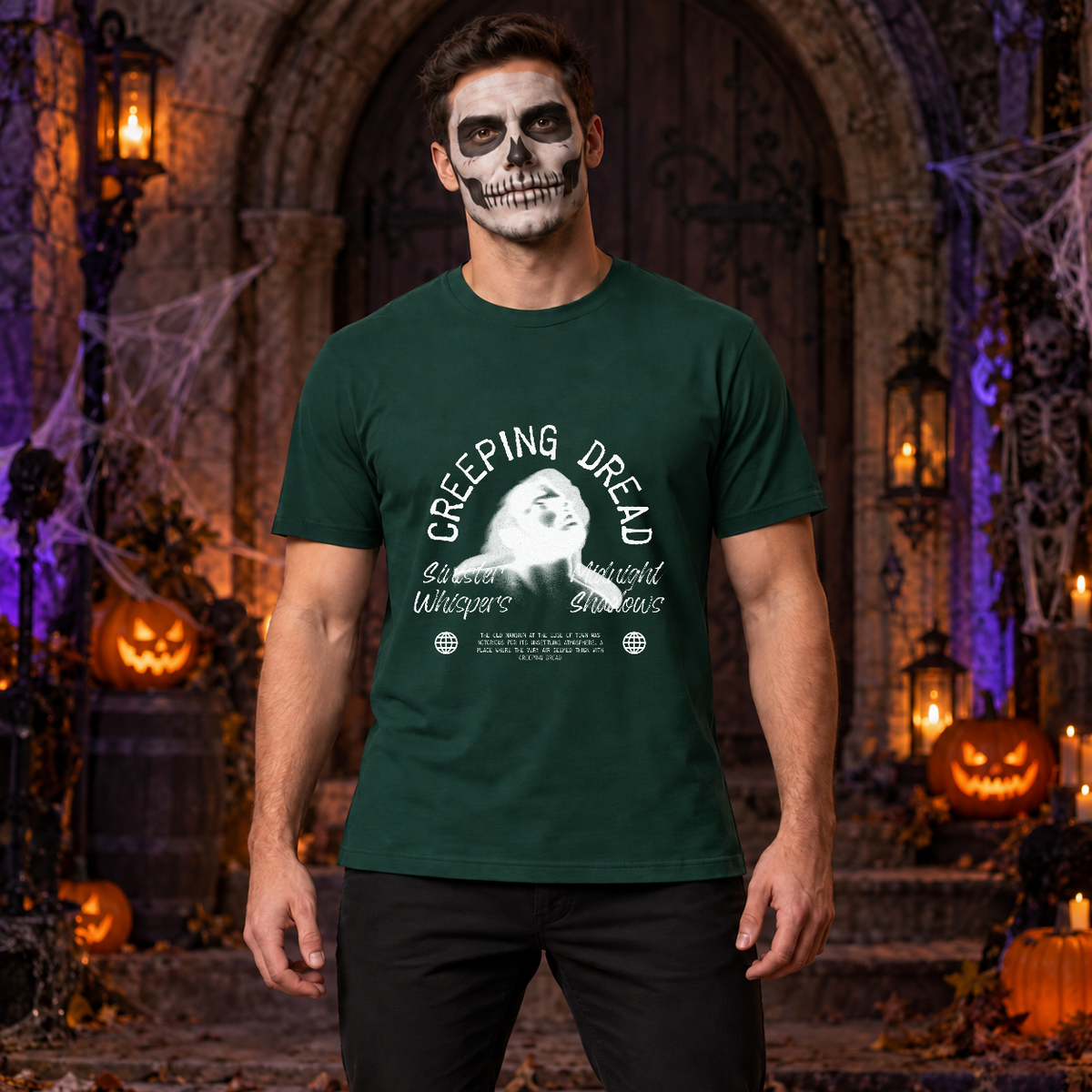 Creeping Dread T-Shirt – Classic Halloween Graphic Design Graphic Tee - Color: forest green