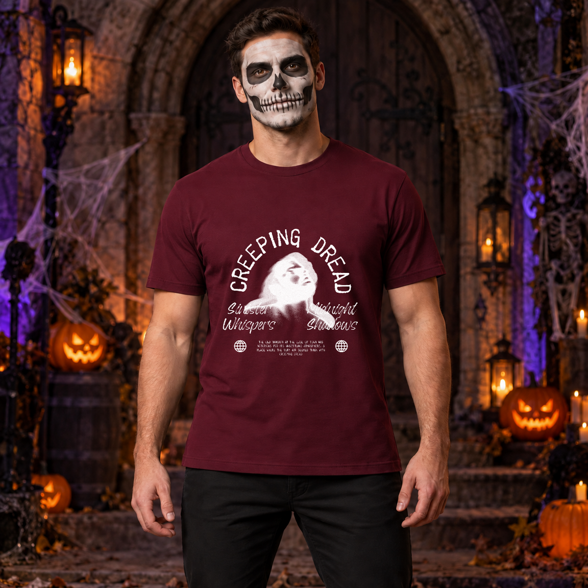 Creeping Dread T-Shirt – Classic Halloween Graphic Design Graphic Tee - Color: maroon