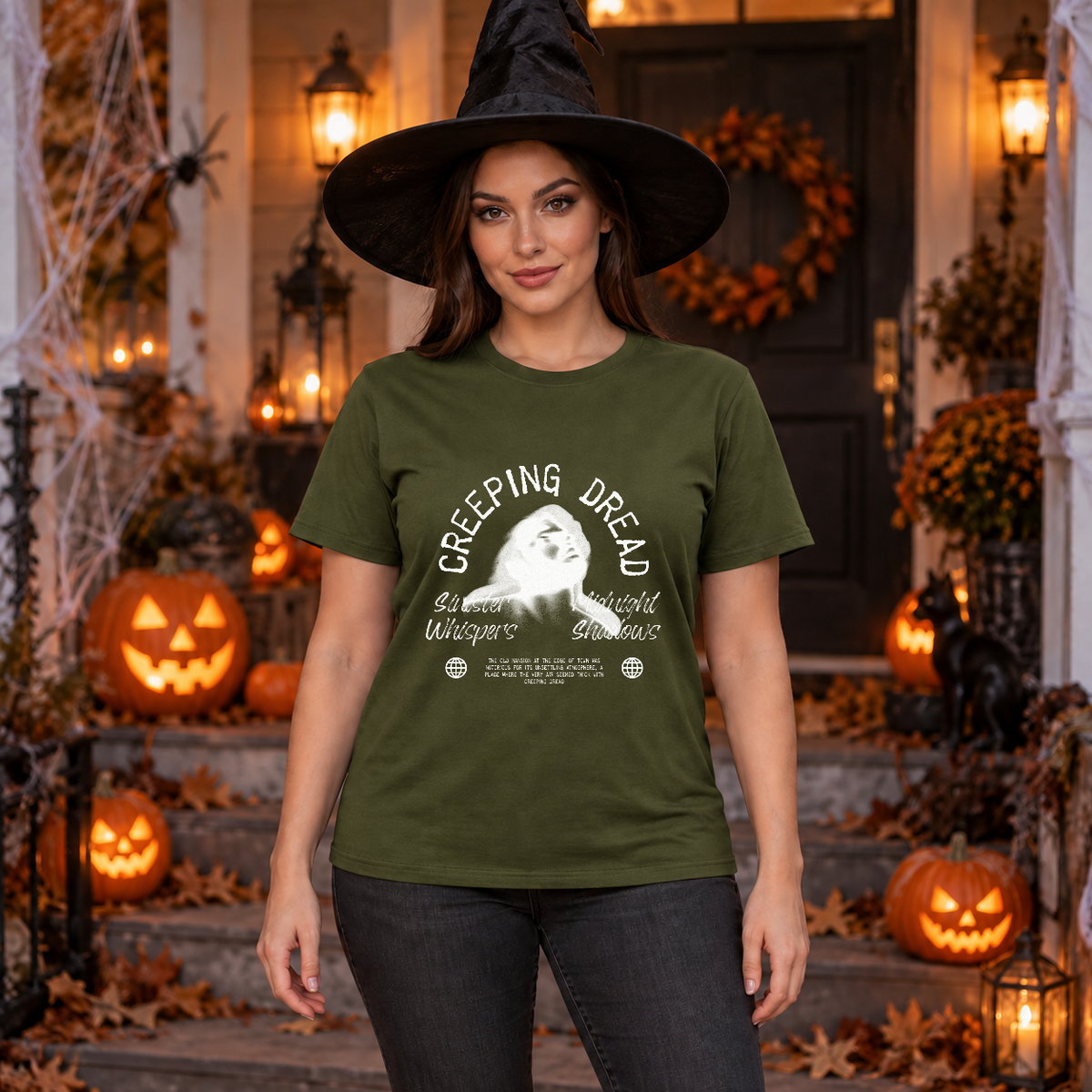 Creeping Dread T-Shirt – Classic Halloween Graphic Design Graphic Tee - Color: military green
