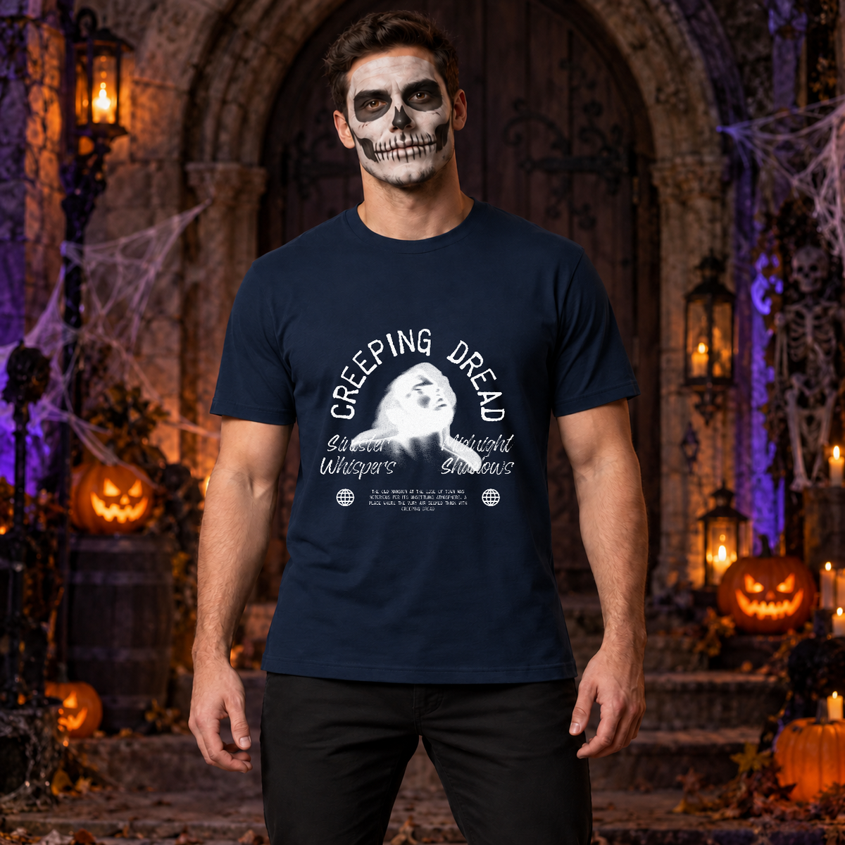 Creeping Dread T-Shirt – Classic Halloween Graphic Design Graphic Tee - Color: navy