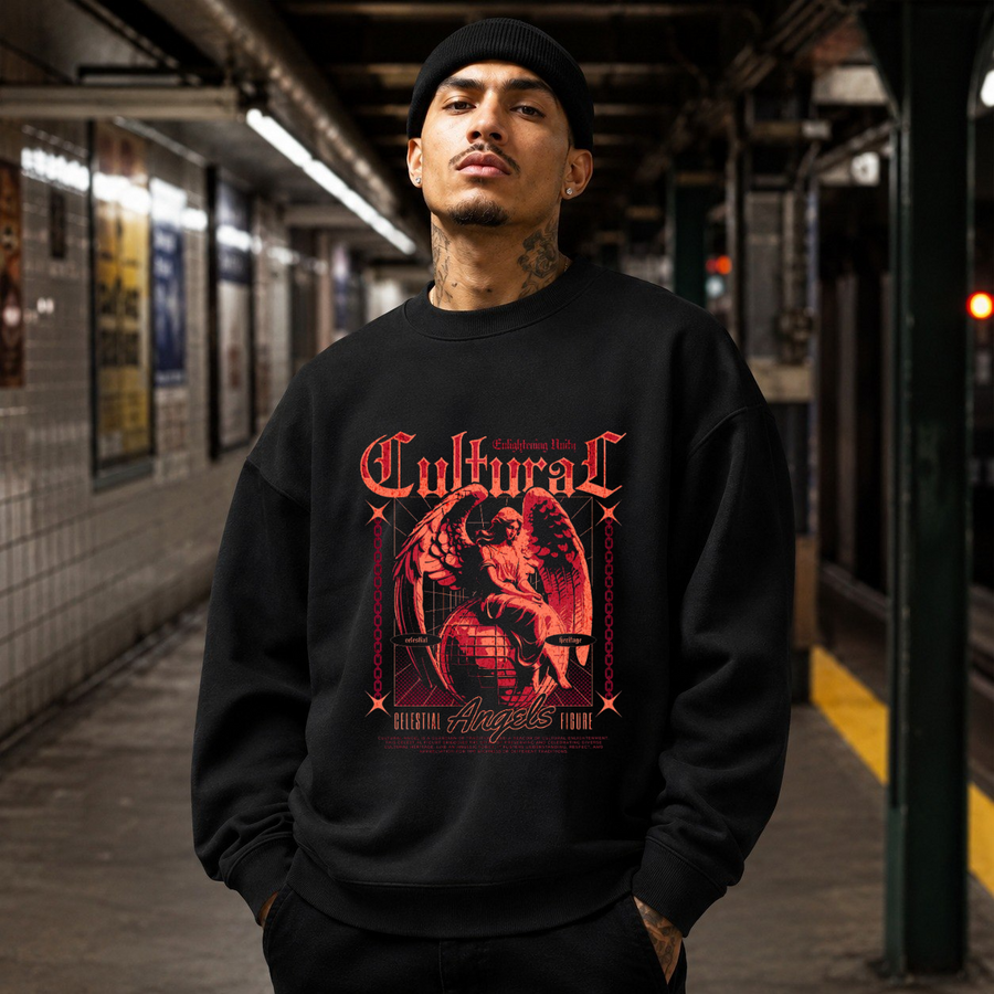 Cultural Celestial Angels Sweatshirt – Gothic Streetwear Poster Graphic Sweatshirt - Color: black