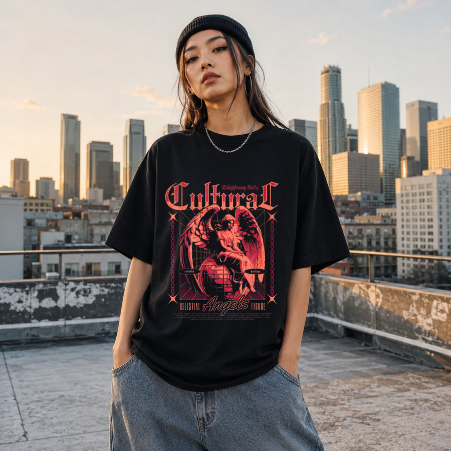 Cultural Celestial Angels T-Shirt – Gothic Streetwear Poster Graphic Tee - Color: Black