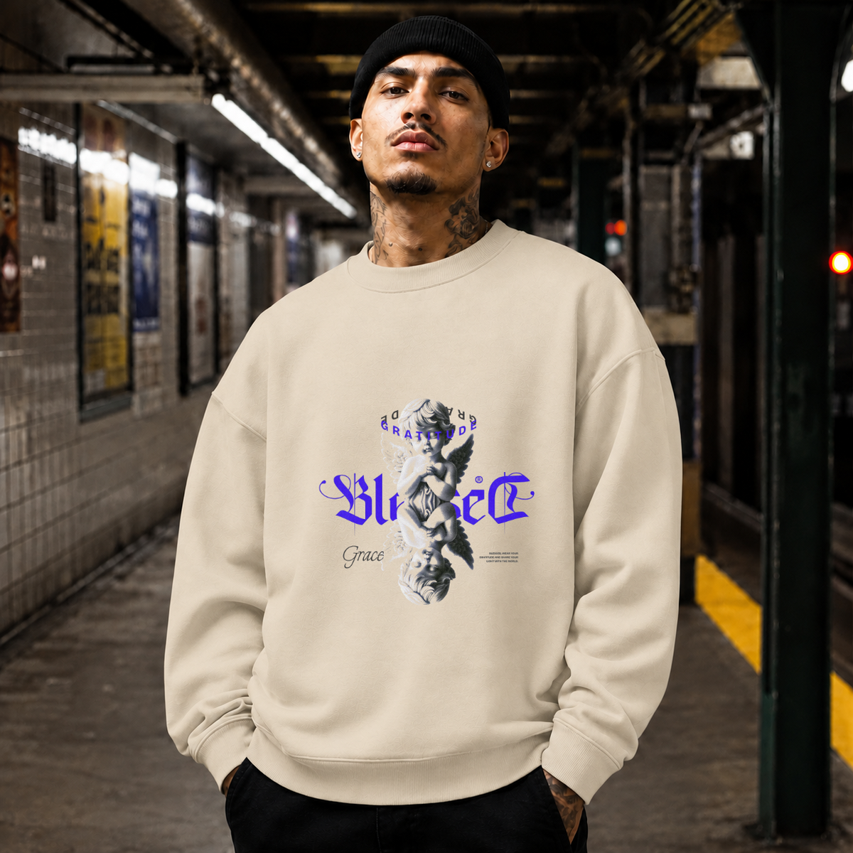 Cupid Blessed Statue Drip Sweatshirt – Dark Art / Renaissance Aesthetic Graphic Sweatshirt - Color: sand