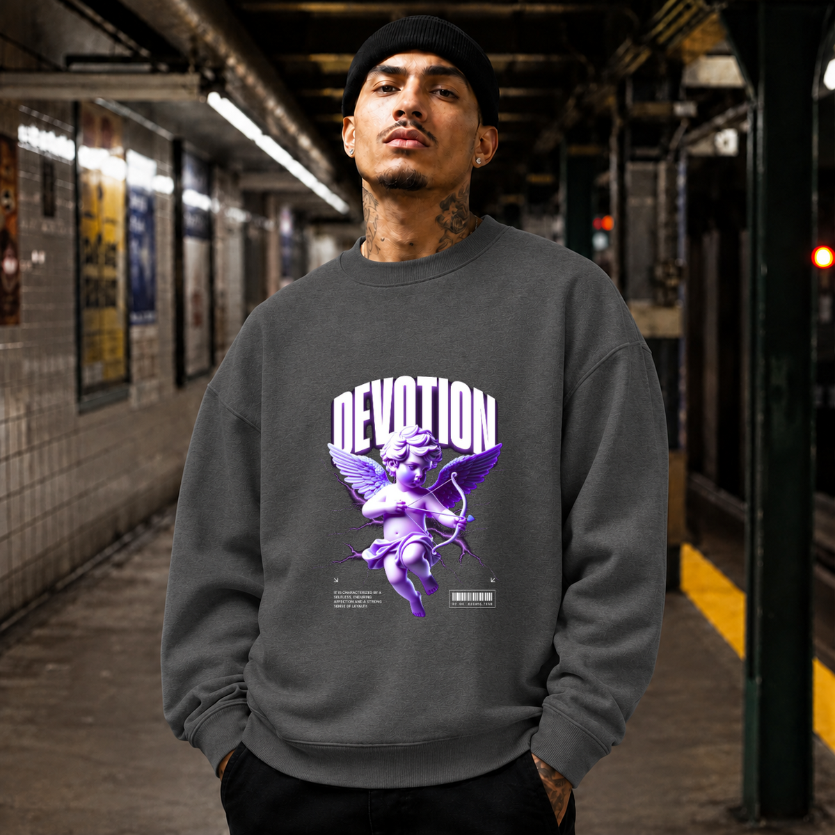 Cupid Devotion Sweatshirt – Religious Imagery Collage Graphic Sweatshirt - Color: dark heather