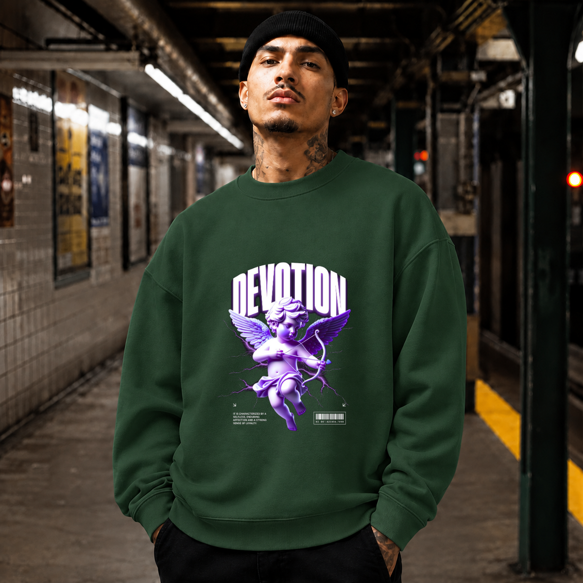 Cupid Devotion Sweatshirt – Religious Imagery Collage Graphic Sweatshirt - Color: forest green