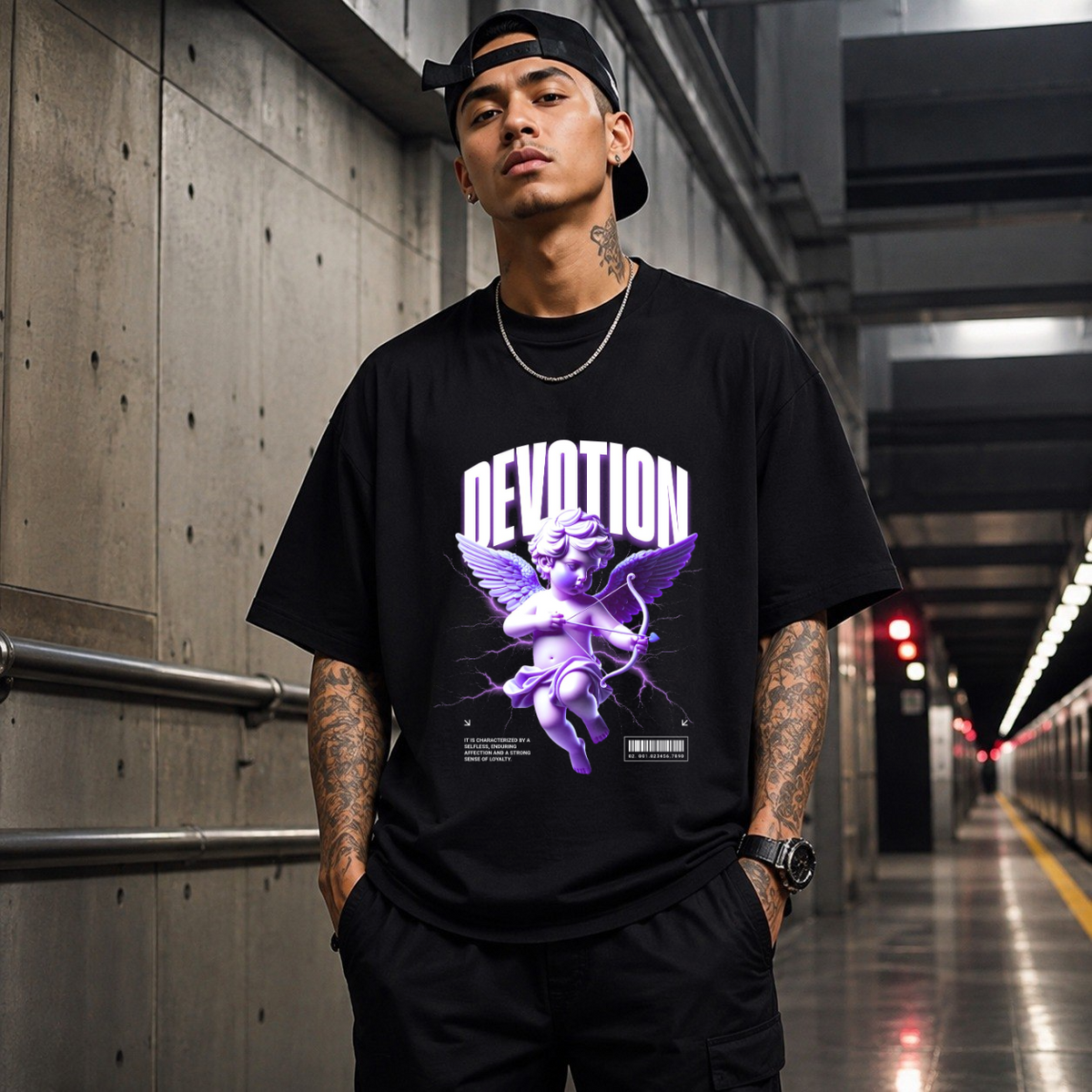 Cupid Devotion T-Shirt – Religious Imagery Collage Graphic Tee - Color: Black
