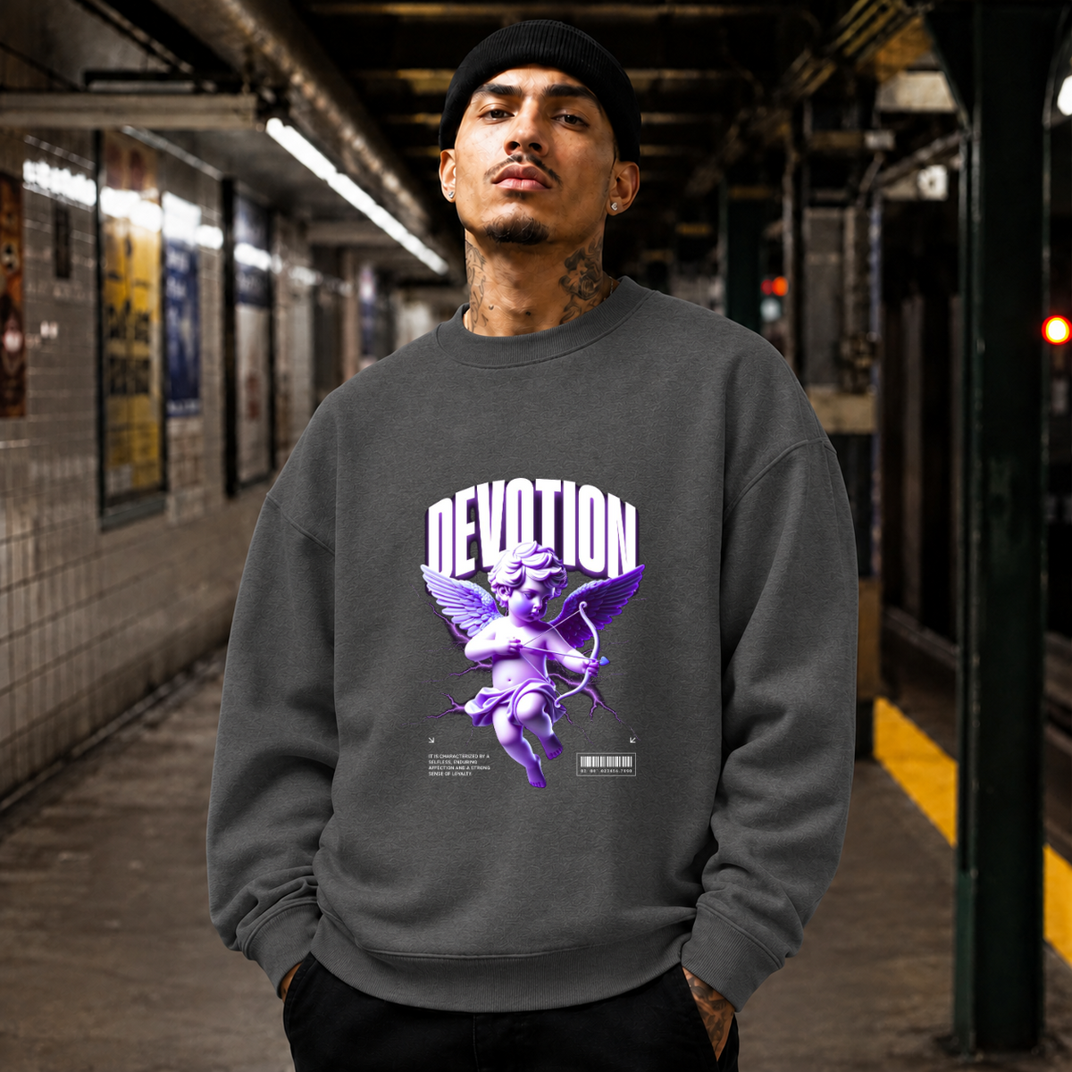 Cupid Devotion T-Shirt – Religious Imagery Collage Graphic Tee - Color: dark heather