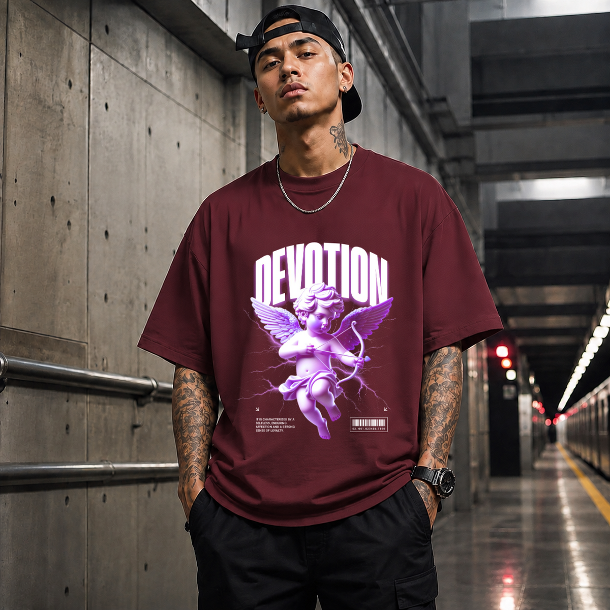 Cupid Devotion T-Shirt – Religious Imagery Collage Graphic Tee - Color: Maroon