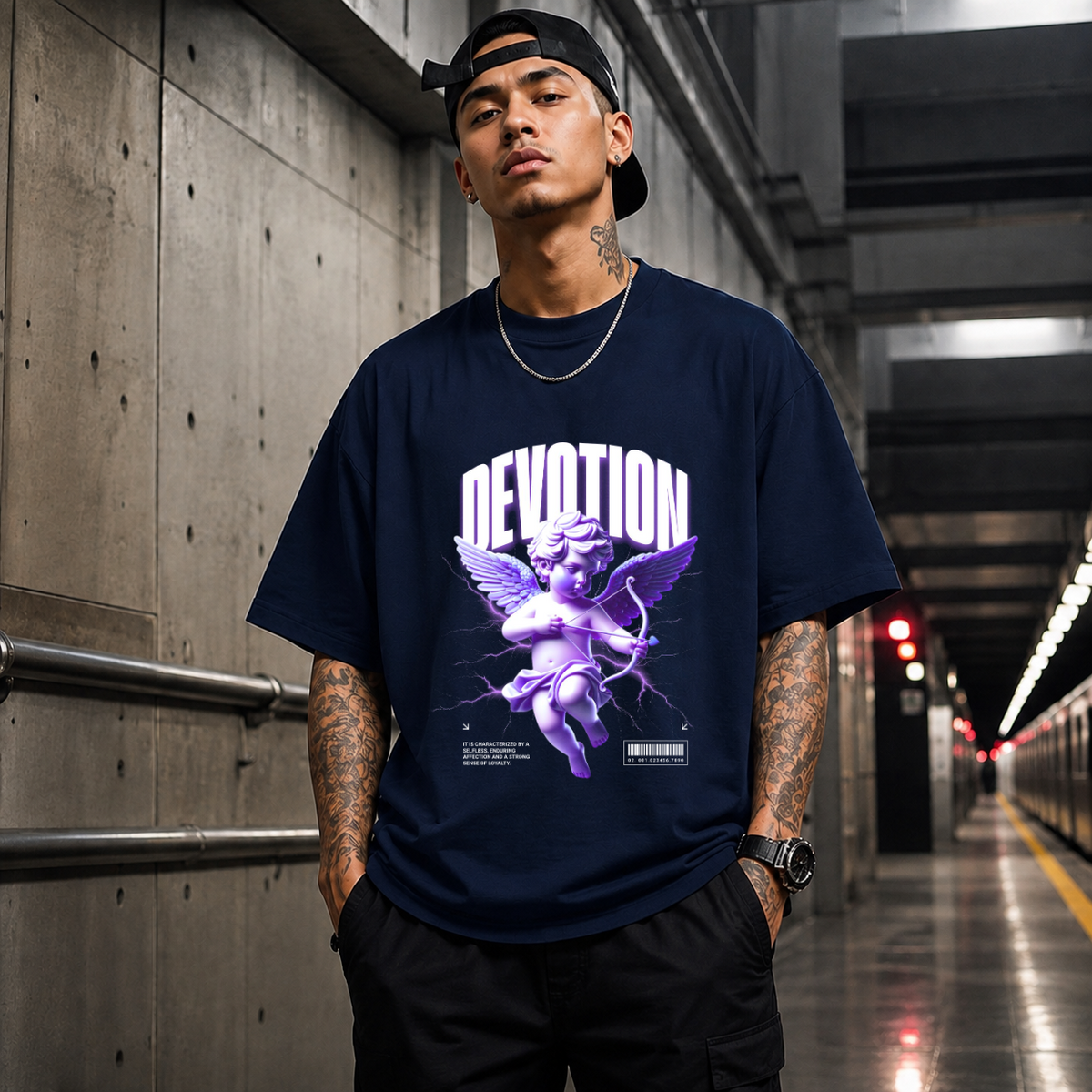 Cupid Devotion T-Shirt – Religious Imagery Collage Graphic Tee - Color: Navy