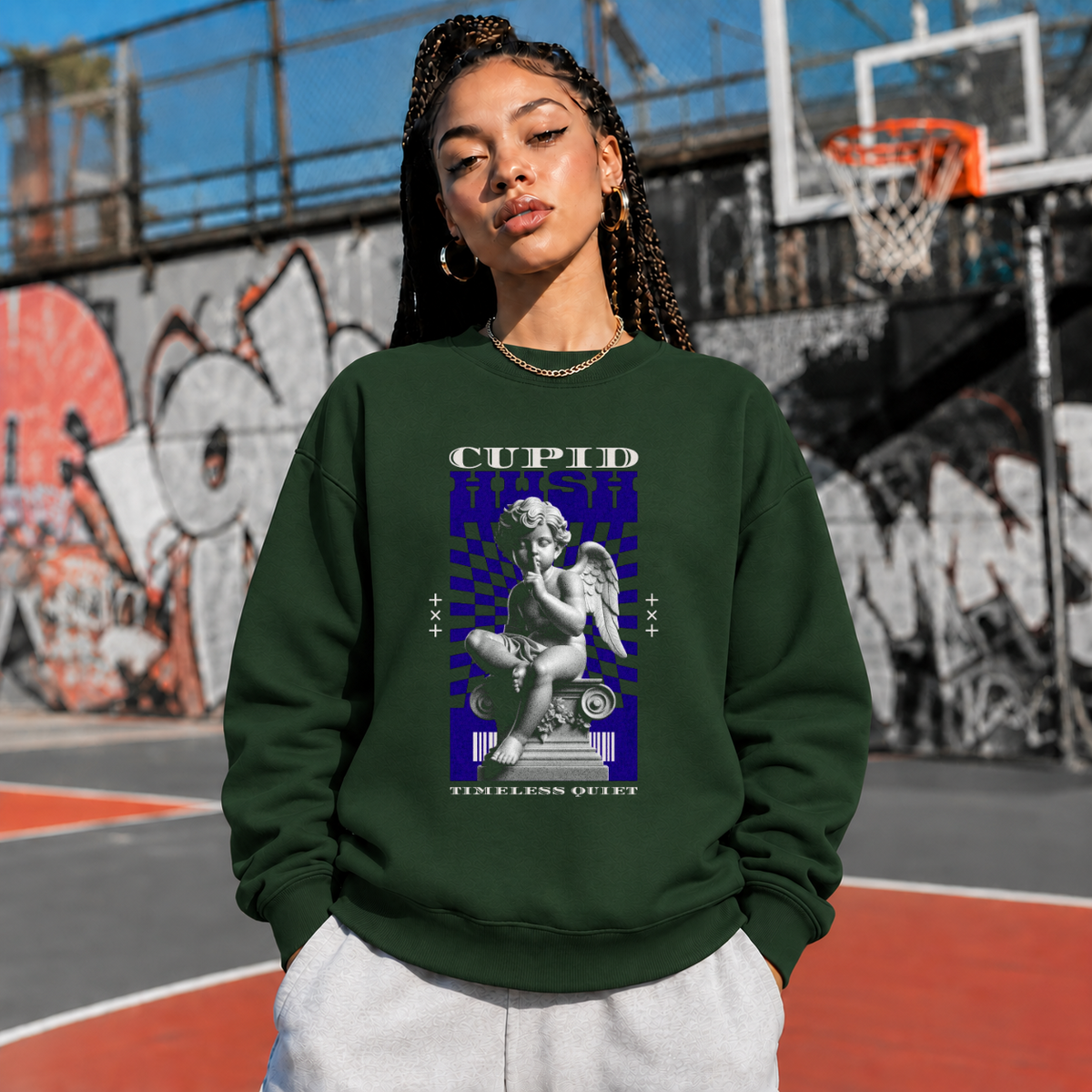 Cupid Hush Statue Sweatshirt – Religious Imagery Collage Graphic Sweatshirt - Color: forest green