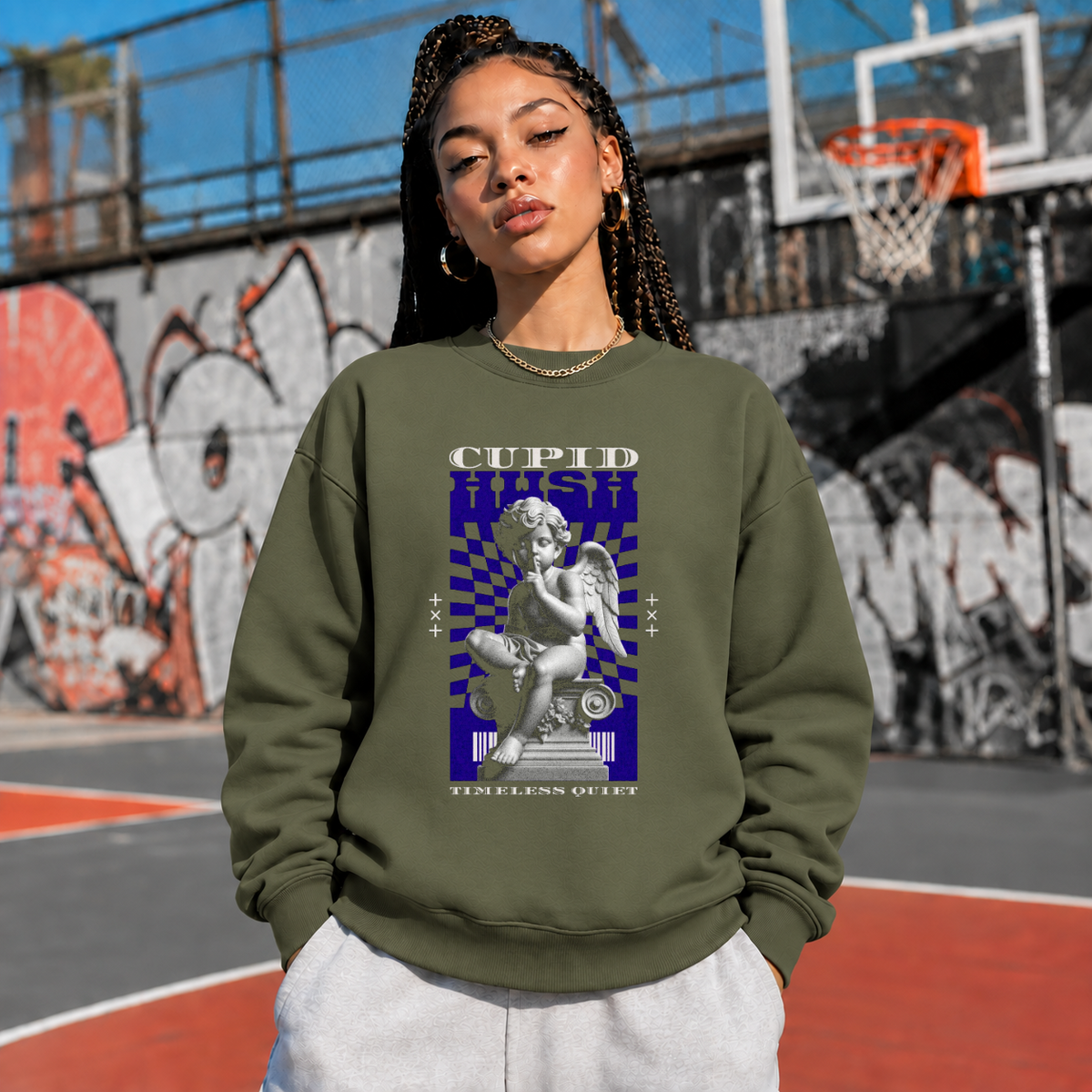 Cupid Hush Statue Sweatshirt – Religious Imagery Collage Graphic Sweatshirt - Color: military green