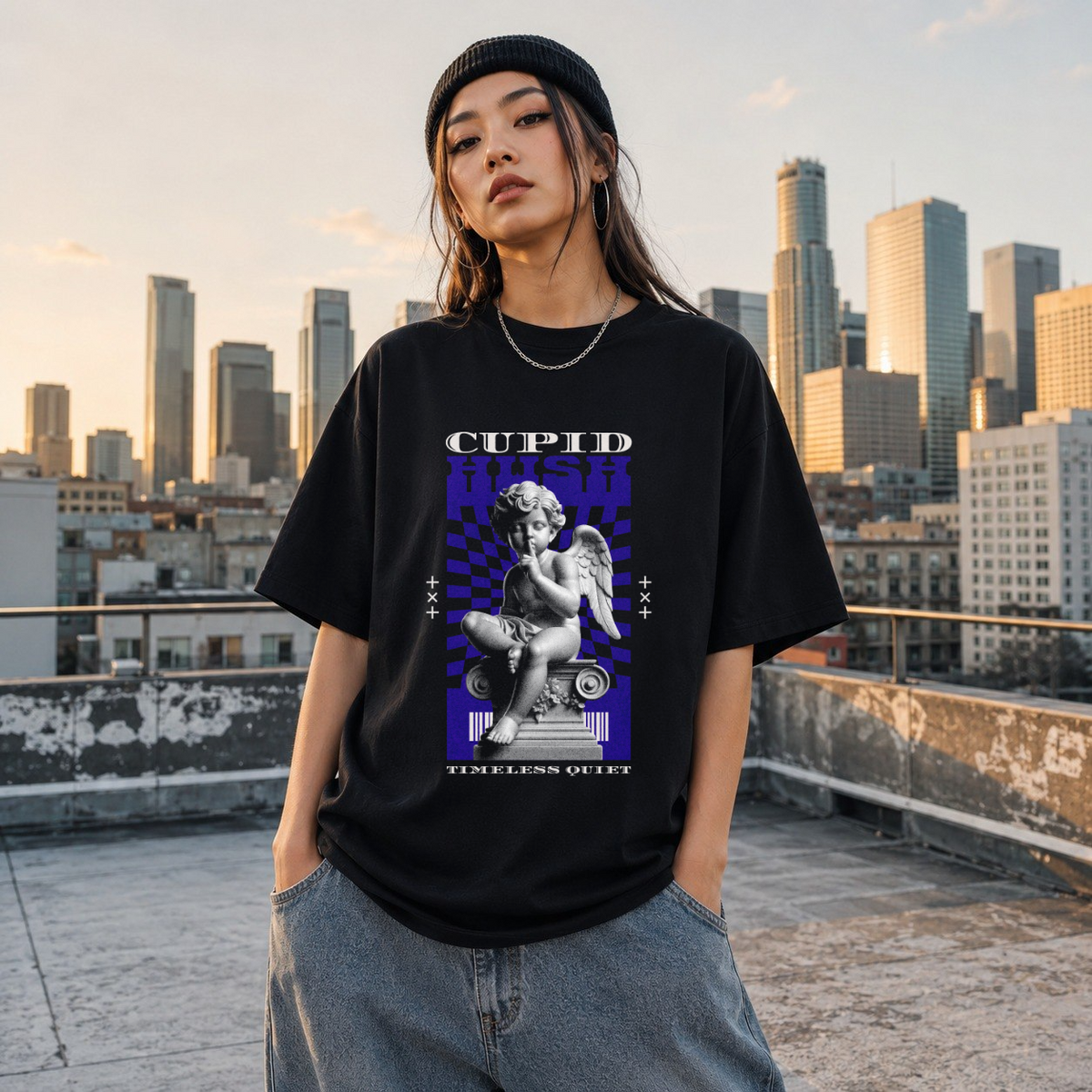 Cupid Hush Statue T-Shirt – Religious Imagery Collage Graphic Tee - Color: Black
